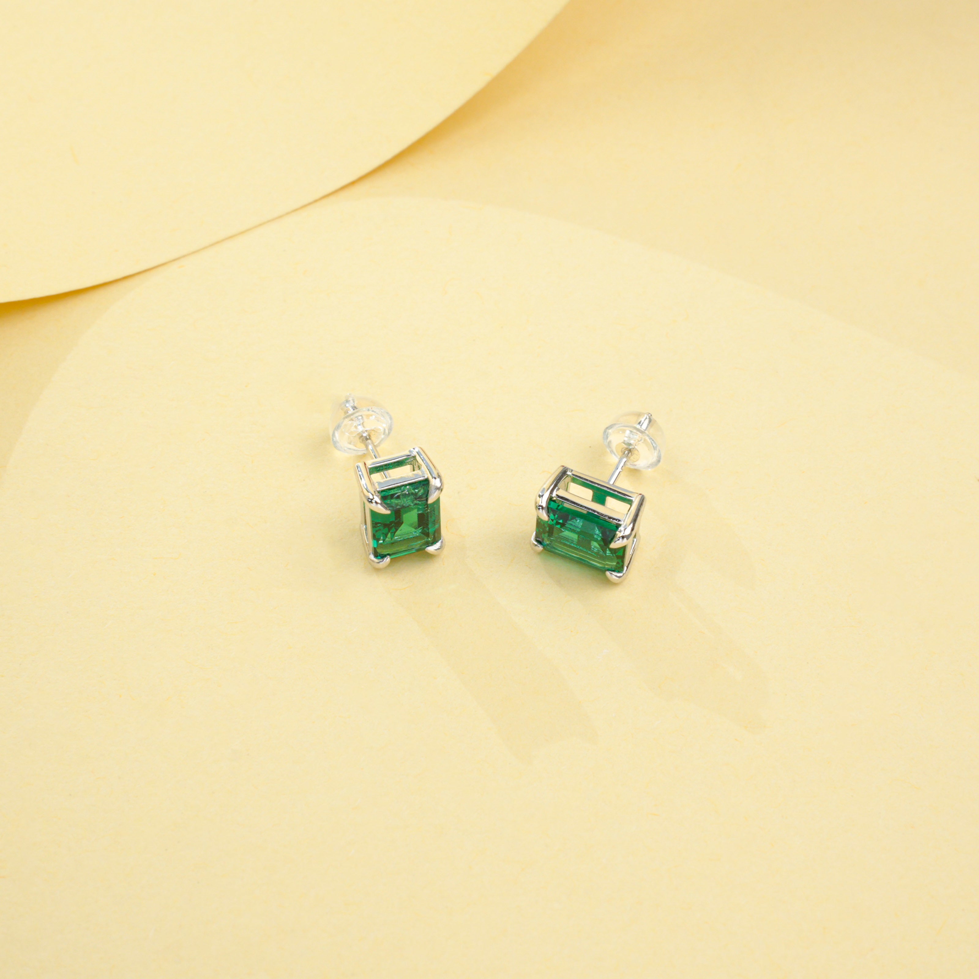 Cultured Emeralds - Minimalist Emerald Cut Earrings