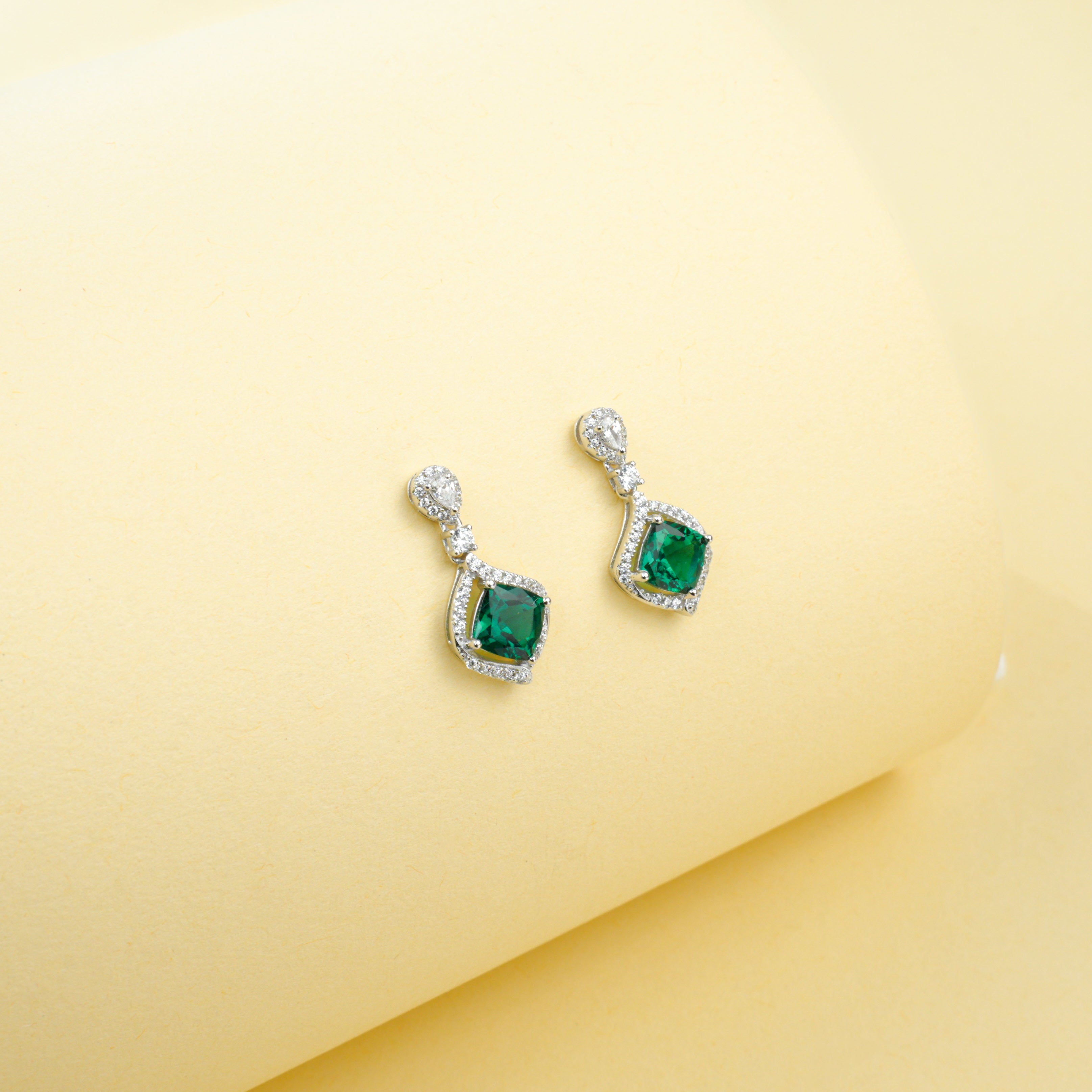 Cultured Emerald - Elegant Diamond Earrings