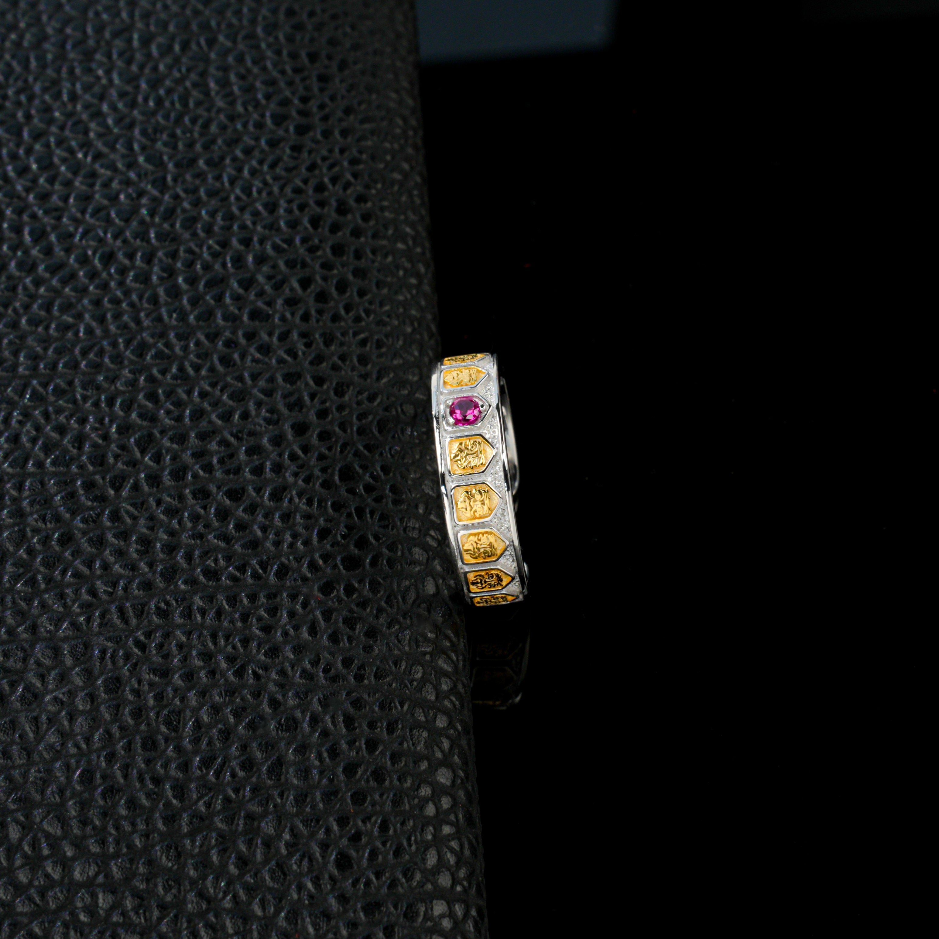 Lab-Grown Ruby - Filigree Diamond-Inlaid Colored Gold Ring