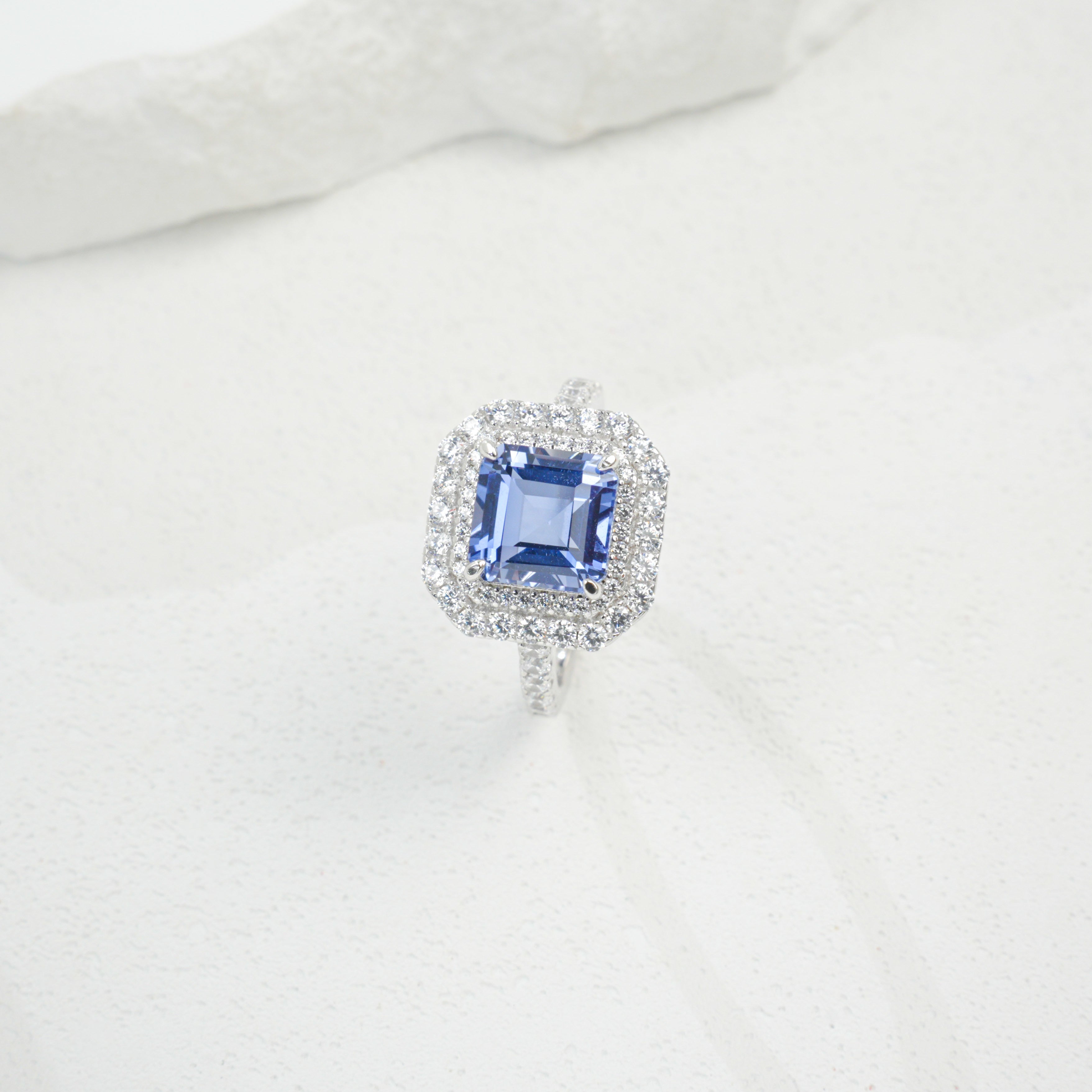 ab-Grown Sapphire - Diamond-Surrounded Square Court Deep Blue Ring