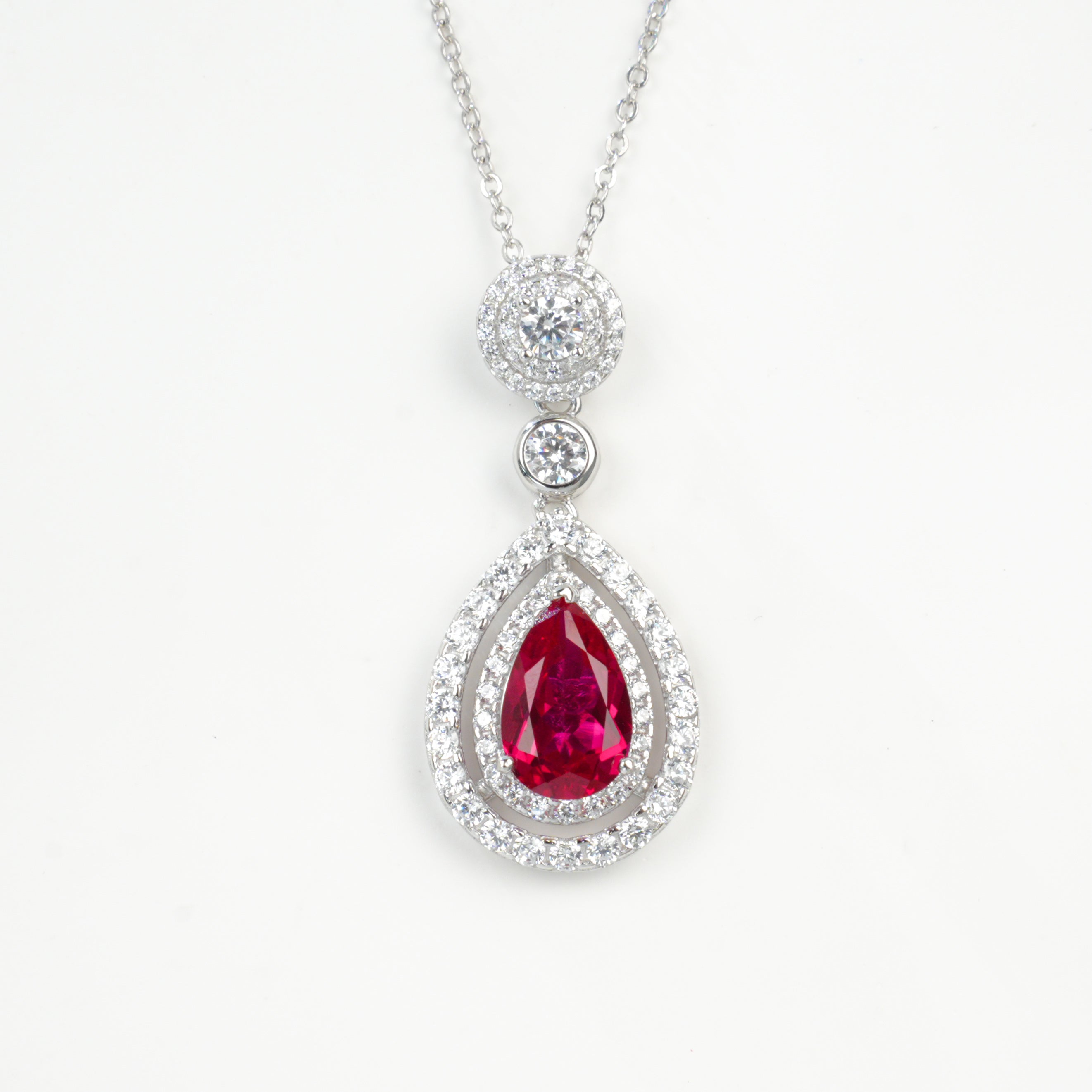 Lab-Grown Ruby - Teardrop Crimson Diamond Dangle Necklace