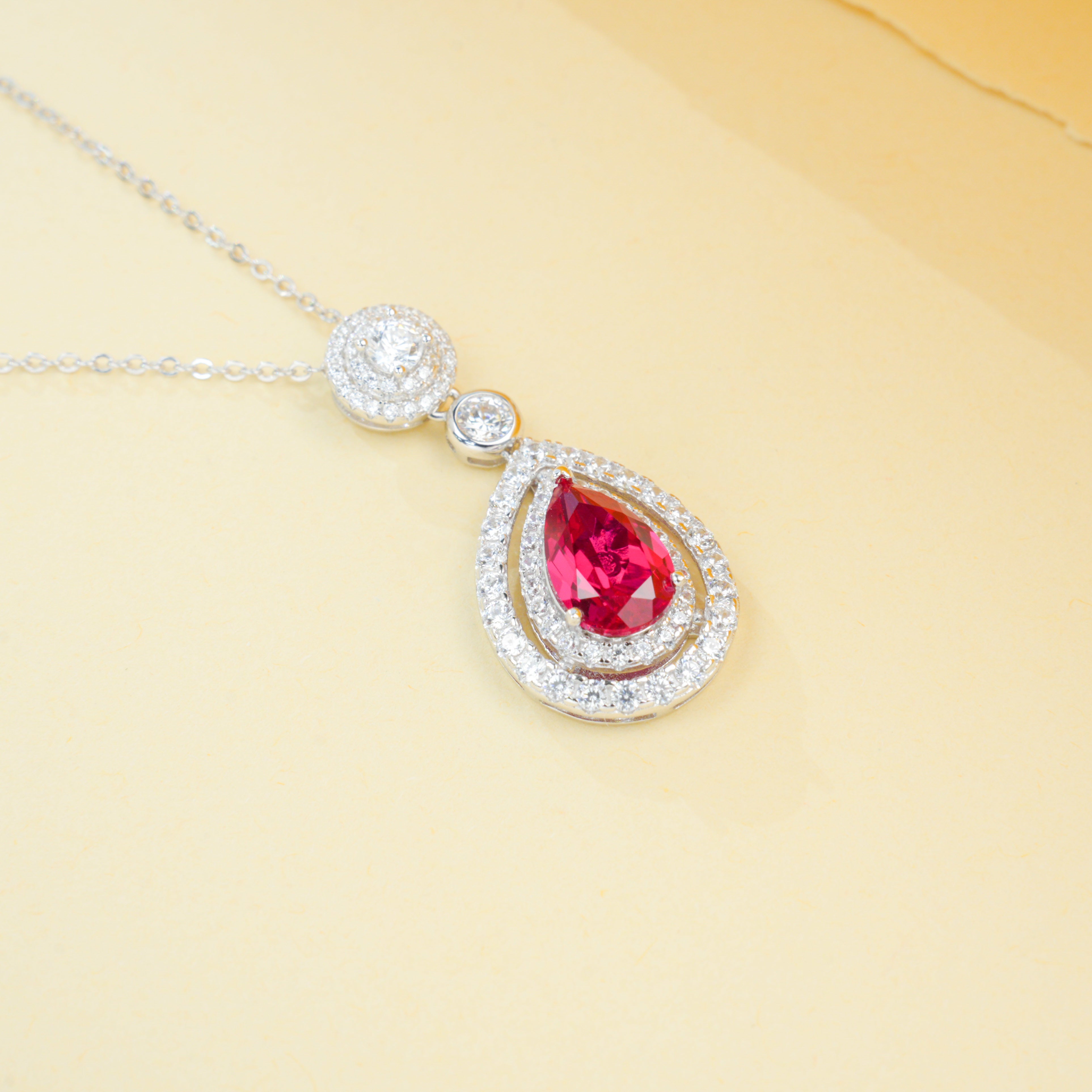 Lab-Grown Ruby - Teardrop Crimson Diamond Dangle Necklace