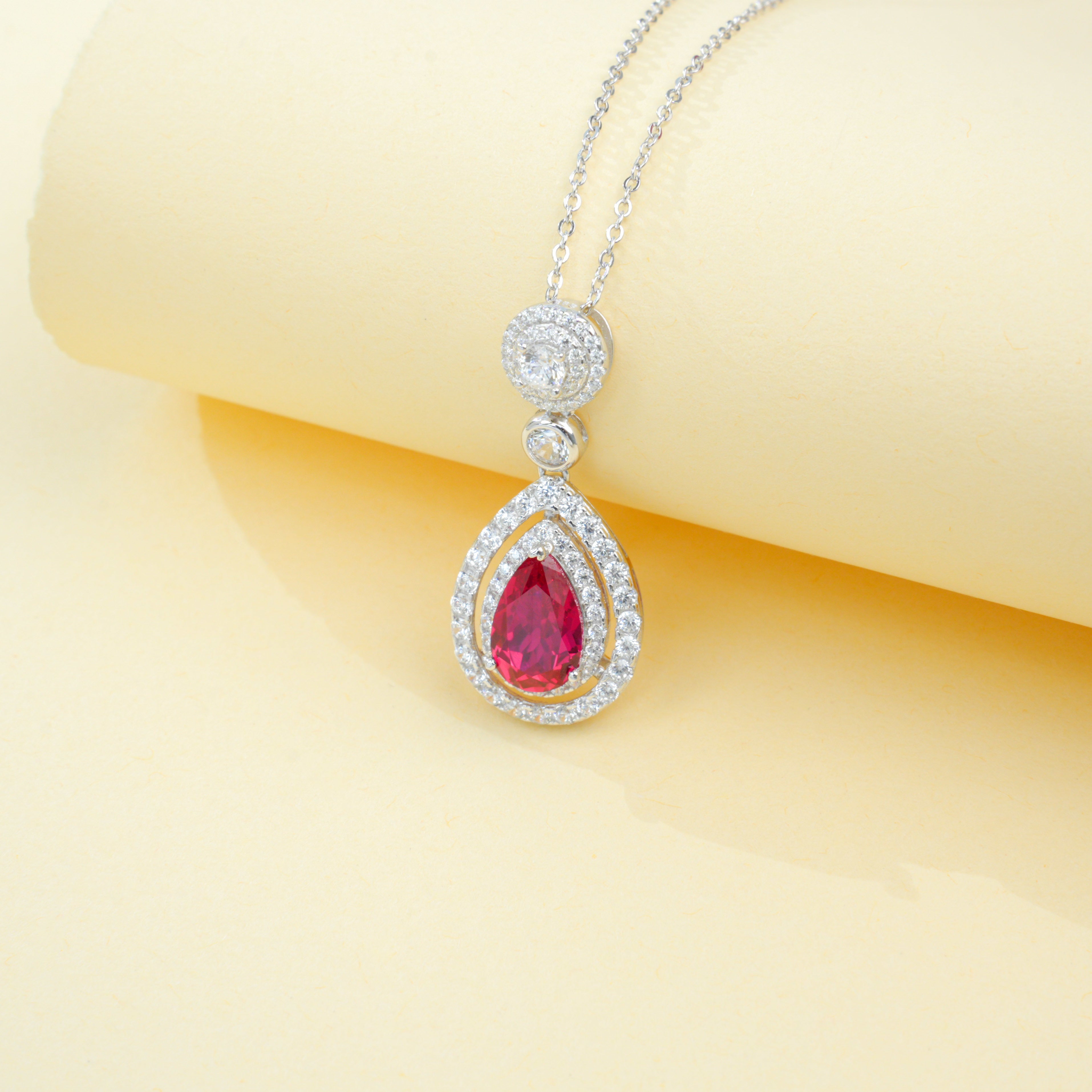 Lab-Grown Ruby - Teardrop Crimson Diamond Dangle Necklace