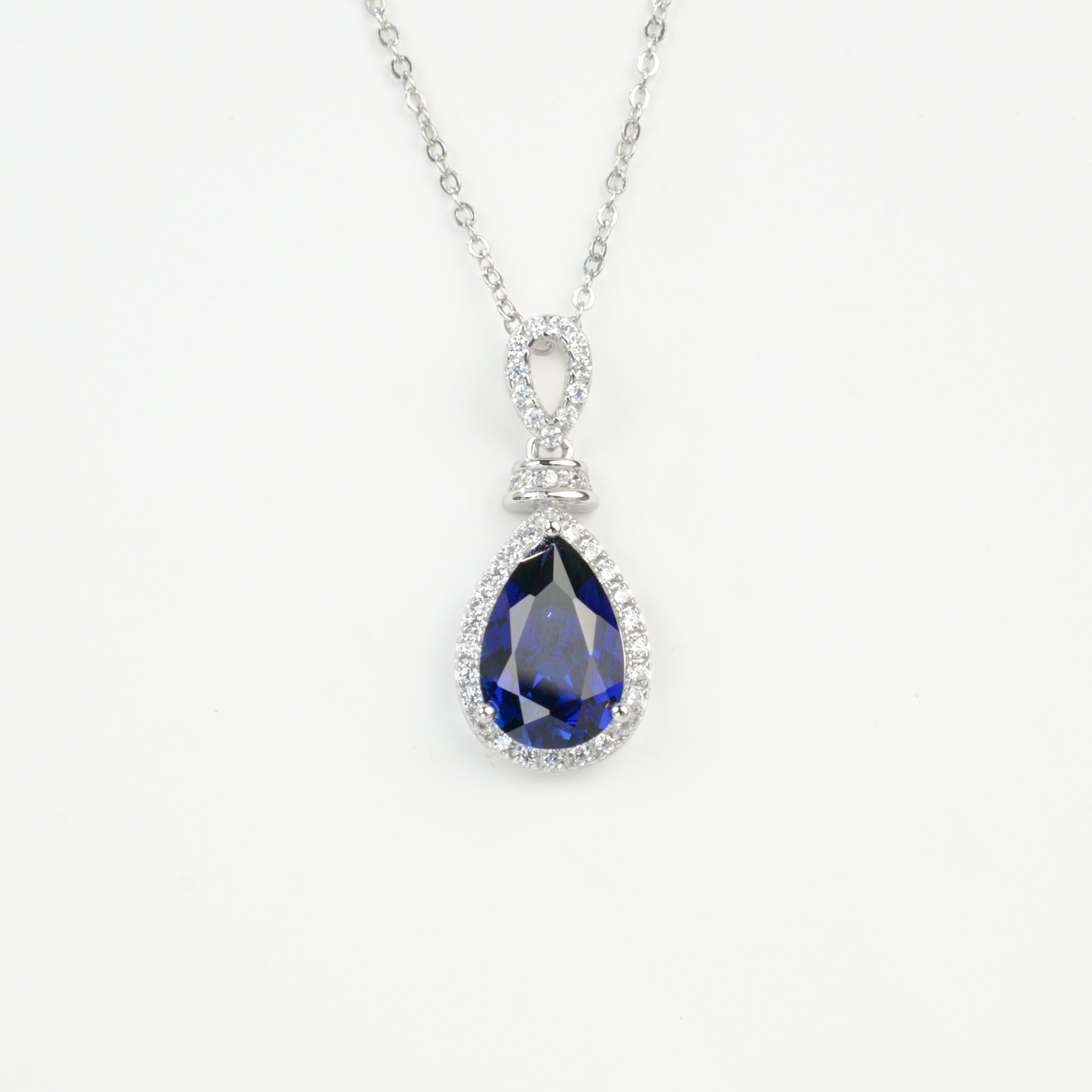 Lab-Grown Sapphire - Teardrop Deep Blue Dangle Necklace