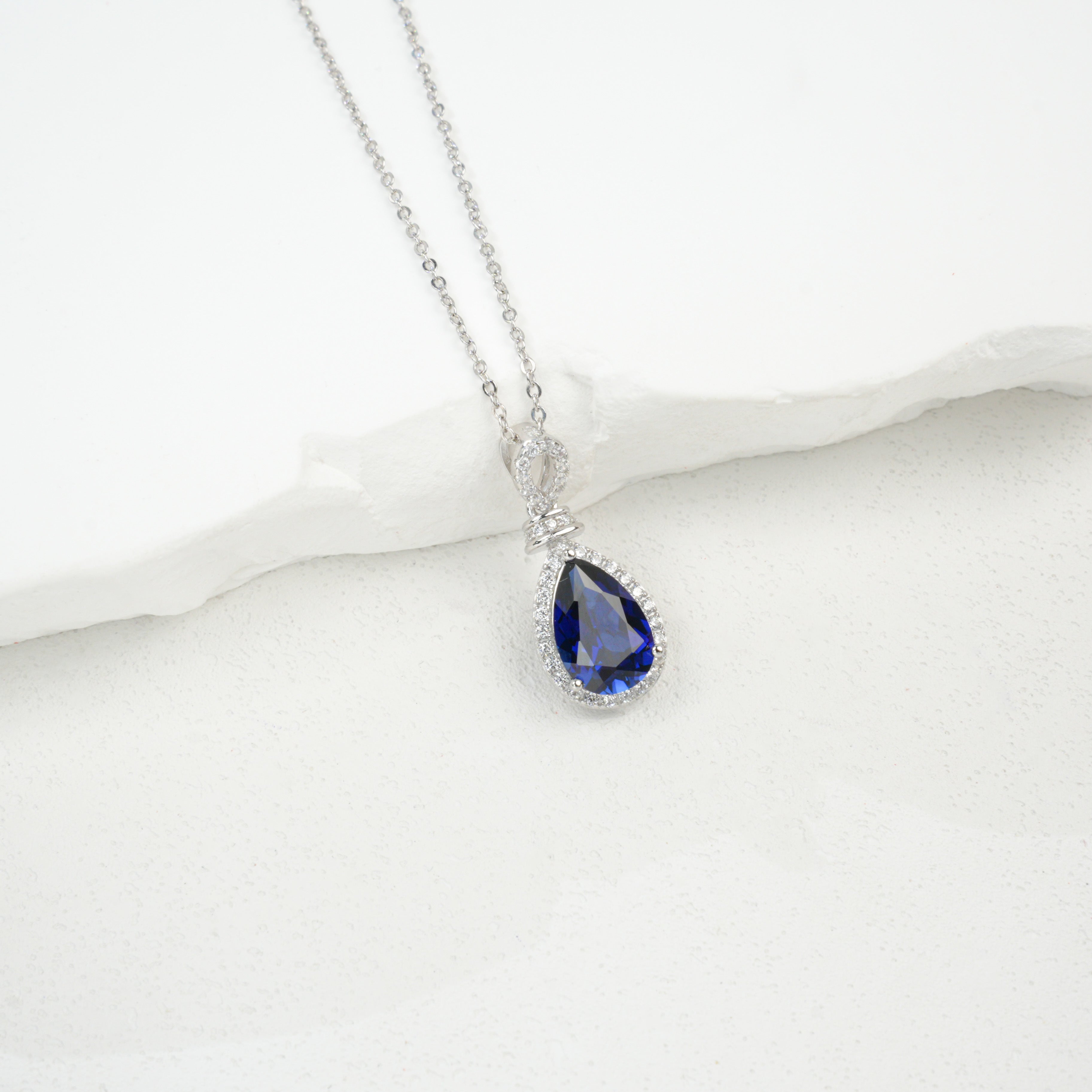 Lab-Grown Sapphire - Teardrop Deep Blue Dangle Necklace