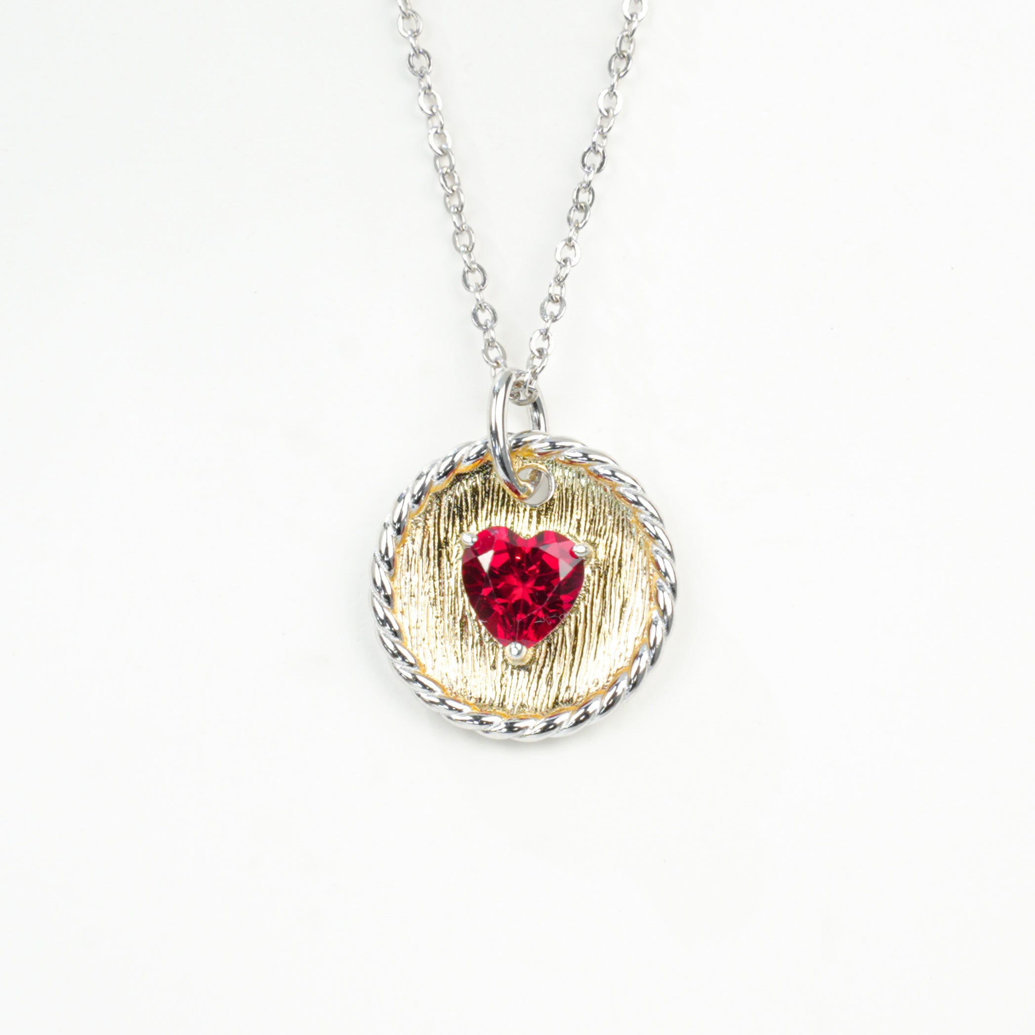 Lab-Grown Ruby - Heart Crimson Gold-Patterned Round Disc Necklace