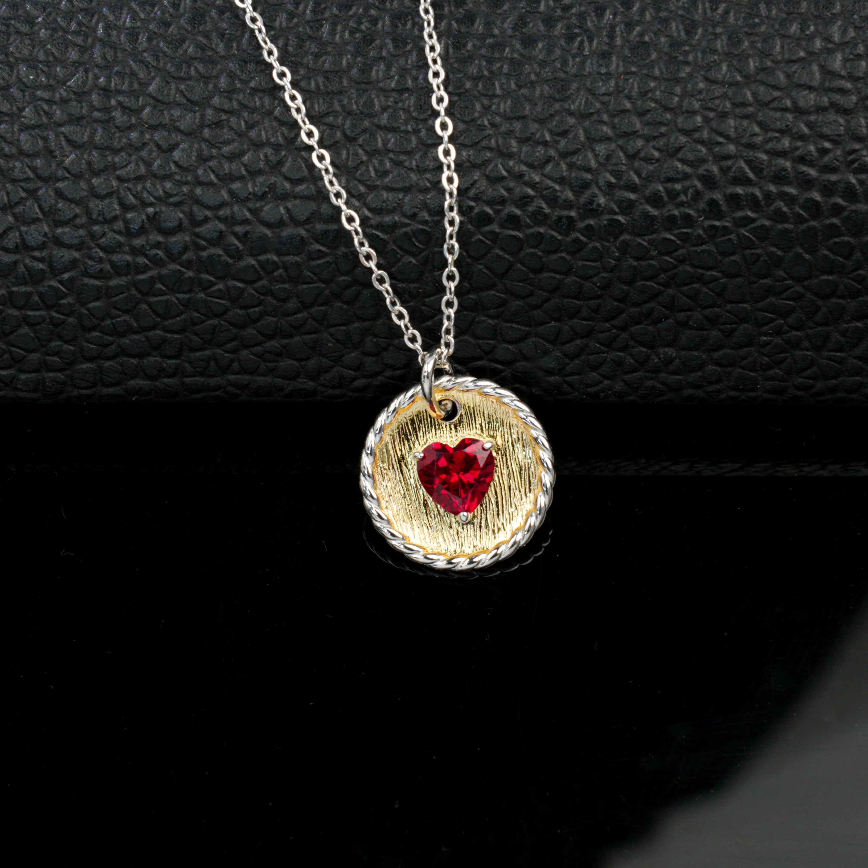 Lab-Grown Ruby - Heart Crimson Gold-Patterned Round Disc Necklace