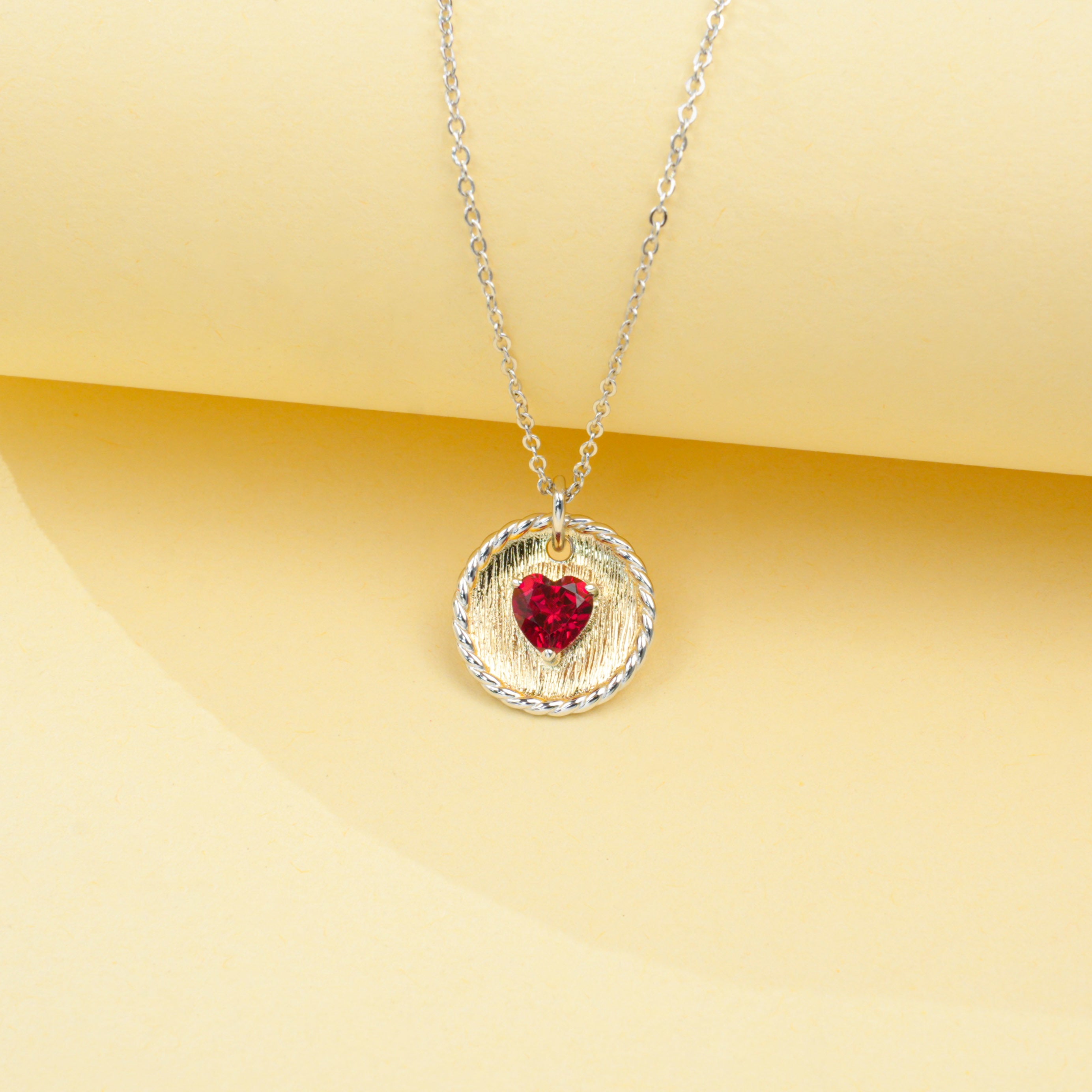 Lab-Grown Ruby - Heart Crimson Gold-Patterned Round Disc Necklace