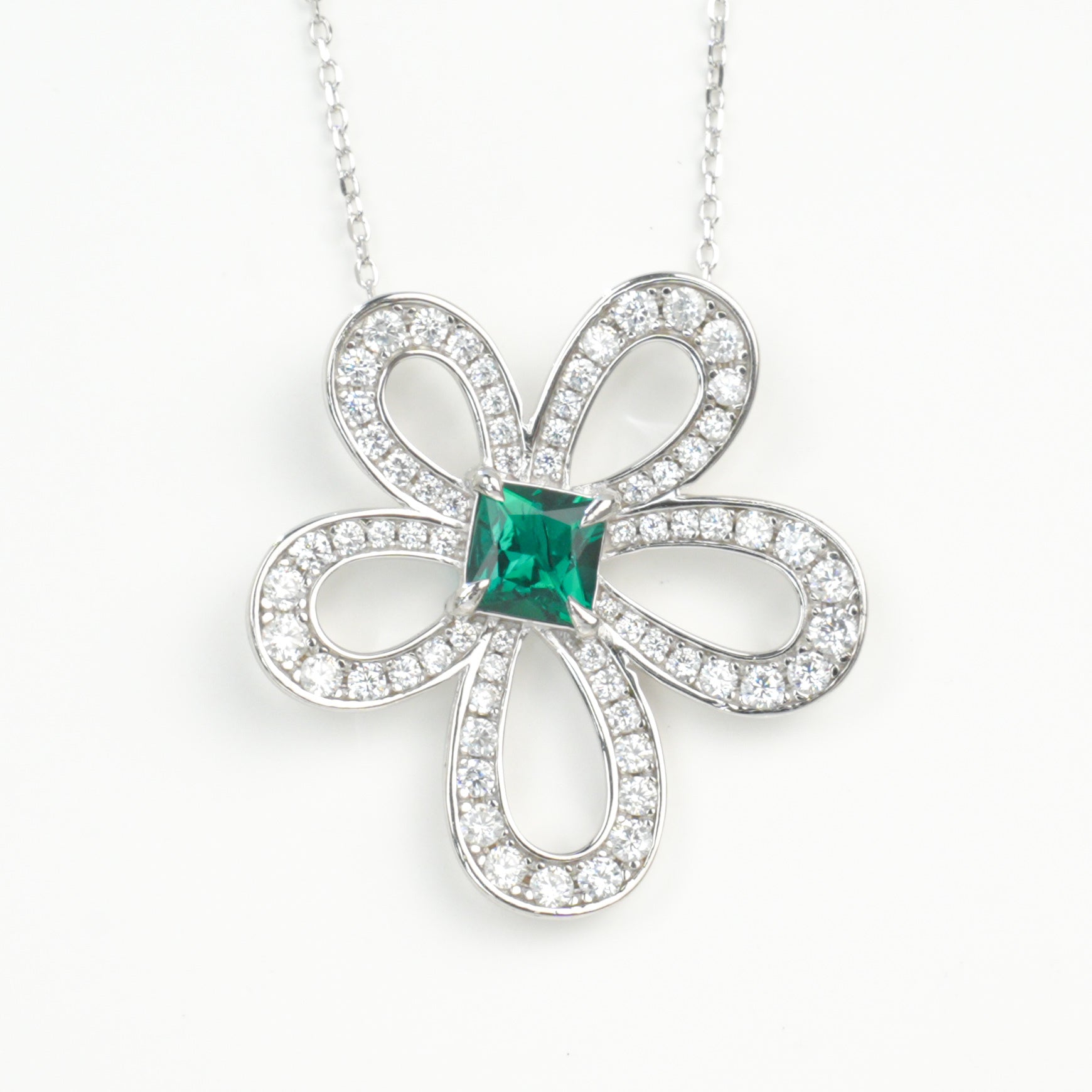 Lab-Grown Emerald - Flower Cluster Square Emerald Blooming Necklace