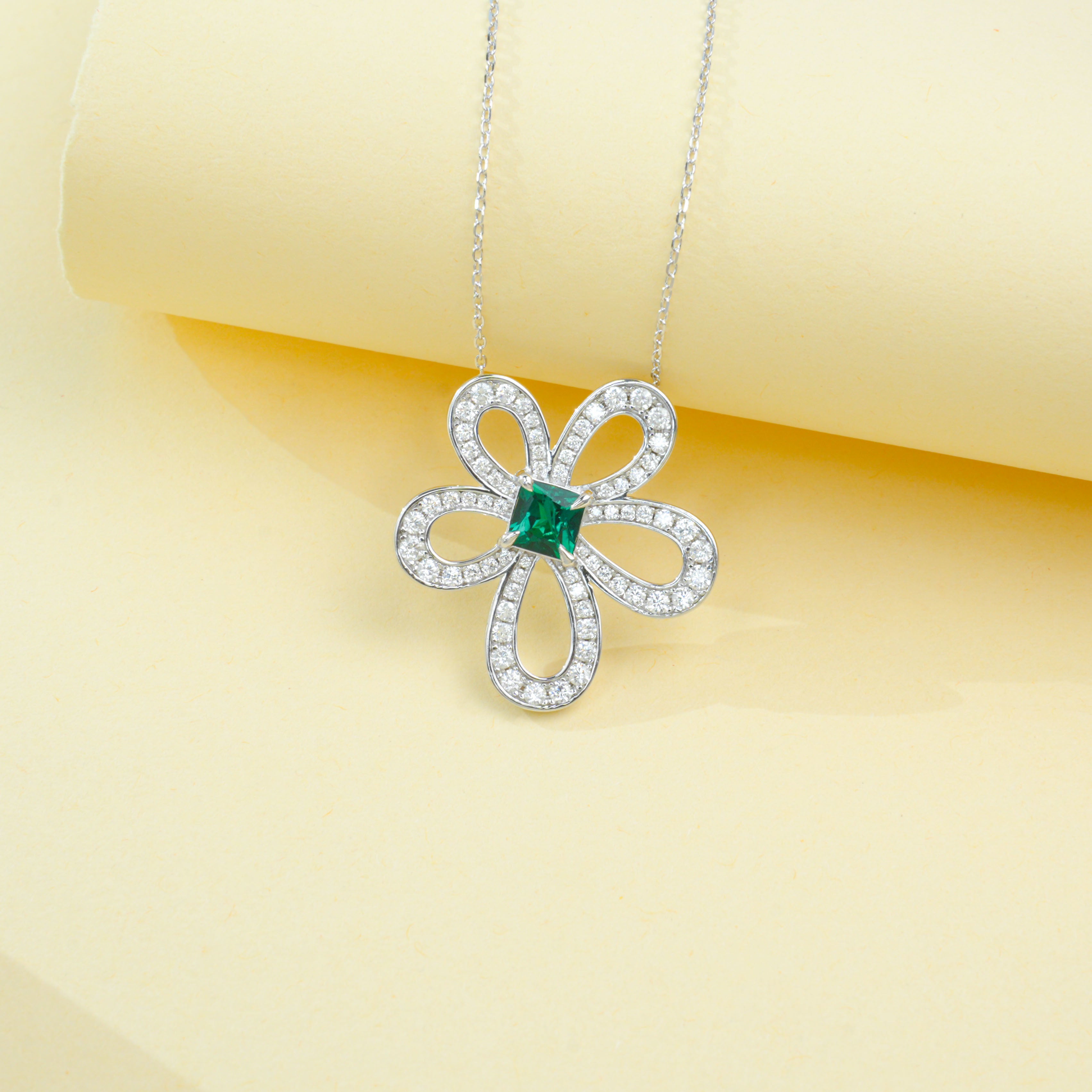 Lab-Grown Emerald - Flower Cluster Square Emerald Blooming Necklace