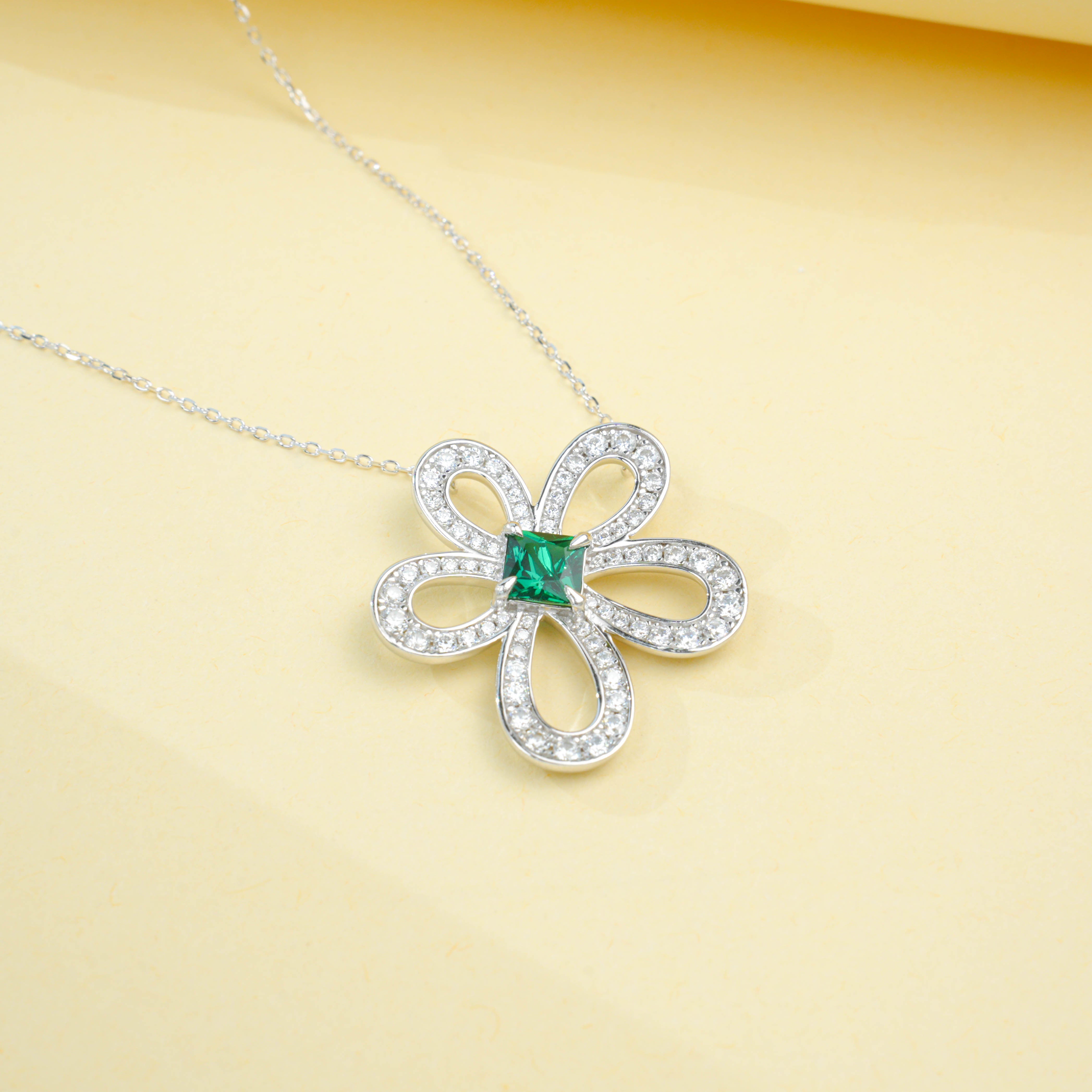 Lab-Grown Emerald - Flower Cluster Square Emerald Blooming Necklace