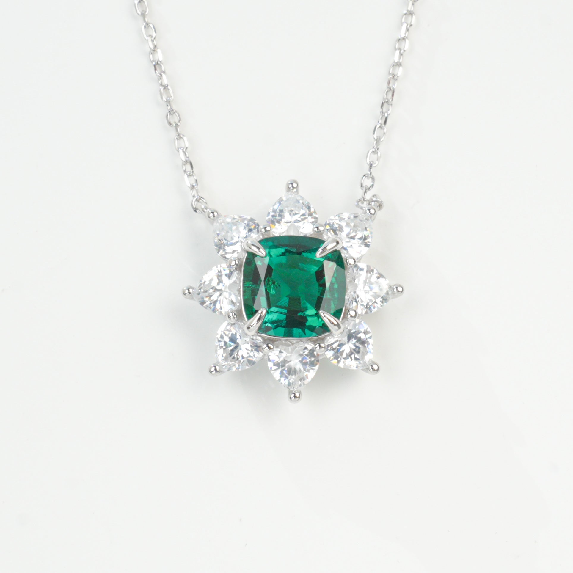 Lab-Grown Emerald - Square Emerald Starburst Flower-Blooming Necklace