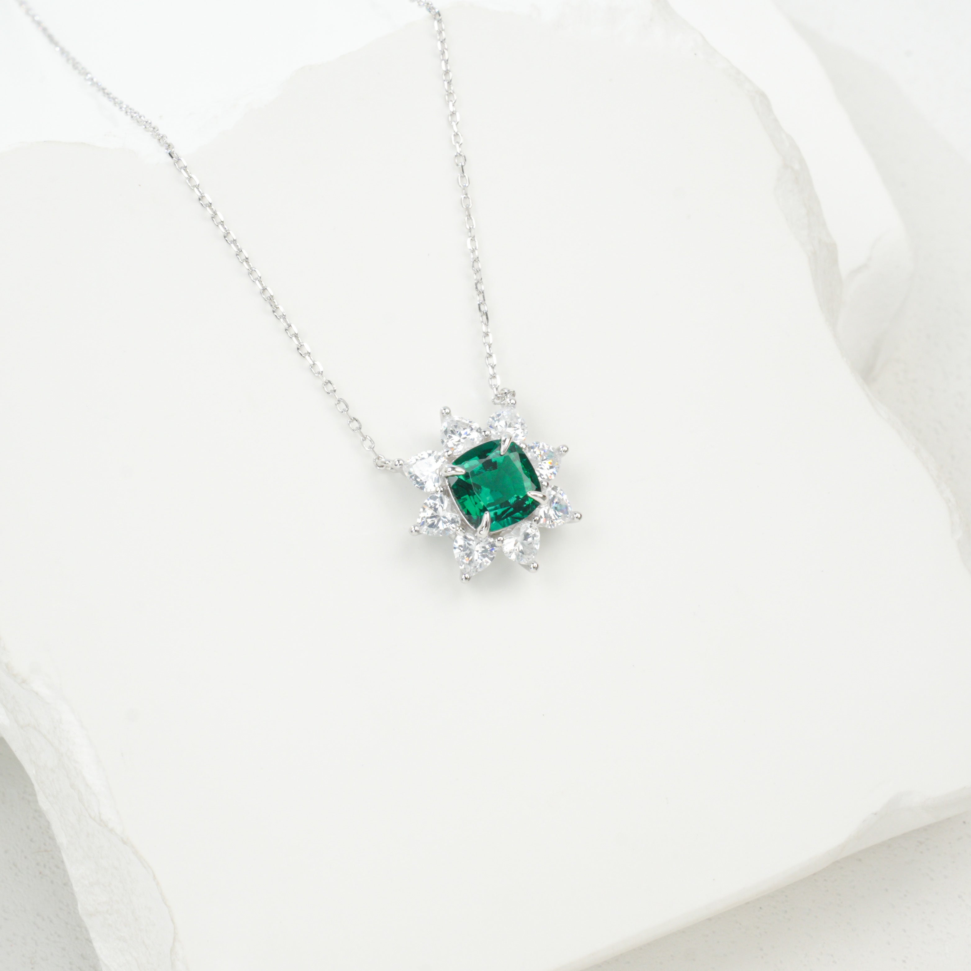 Lab-Grown Emerald - Square Emerald Starburst Flower-Blooming Necklace