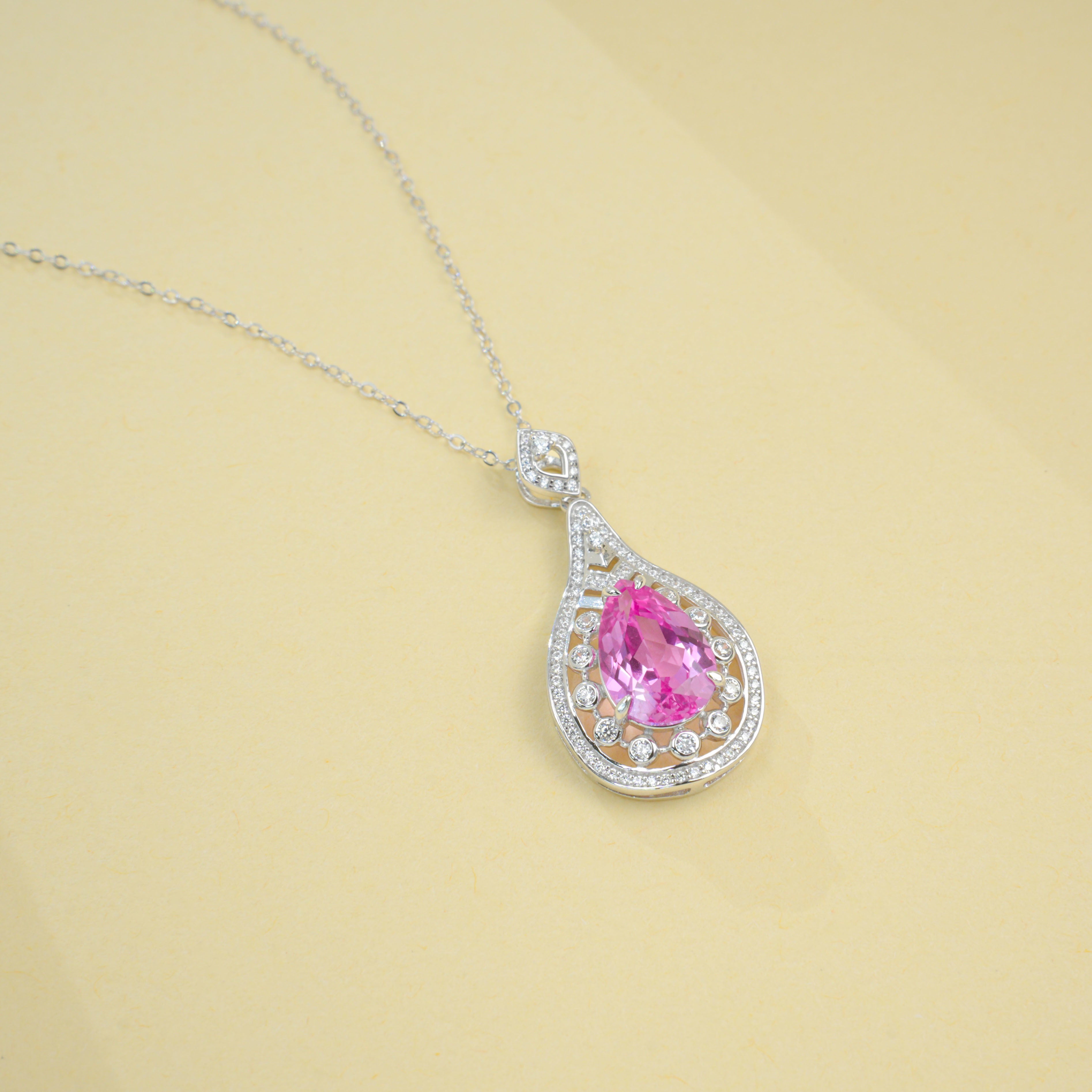 Lab-Grown Padparadscha - Teardrop Soft Crimson Diamond-Halo Necklace