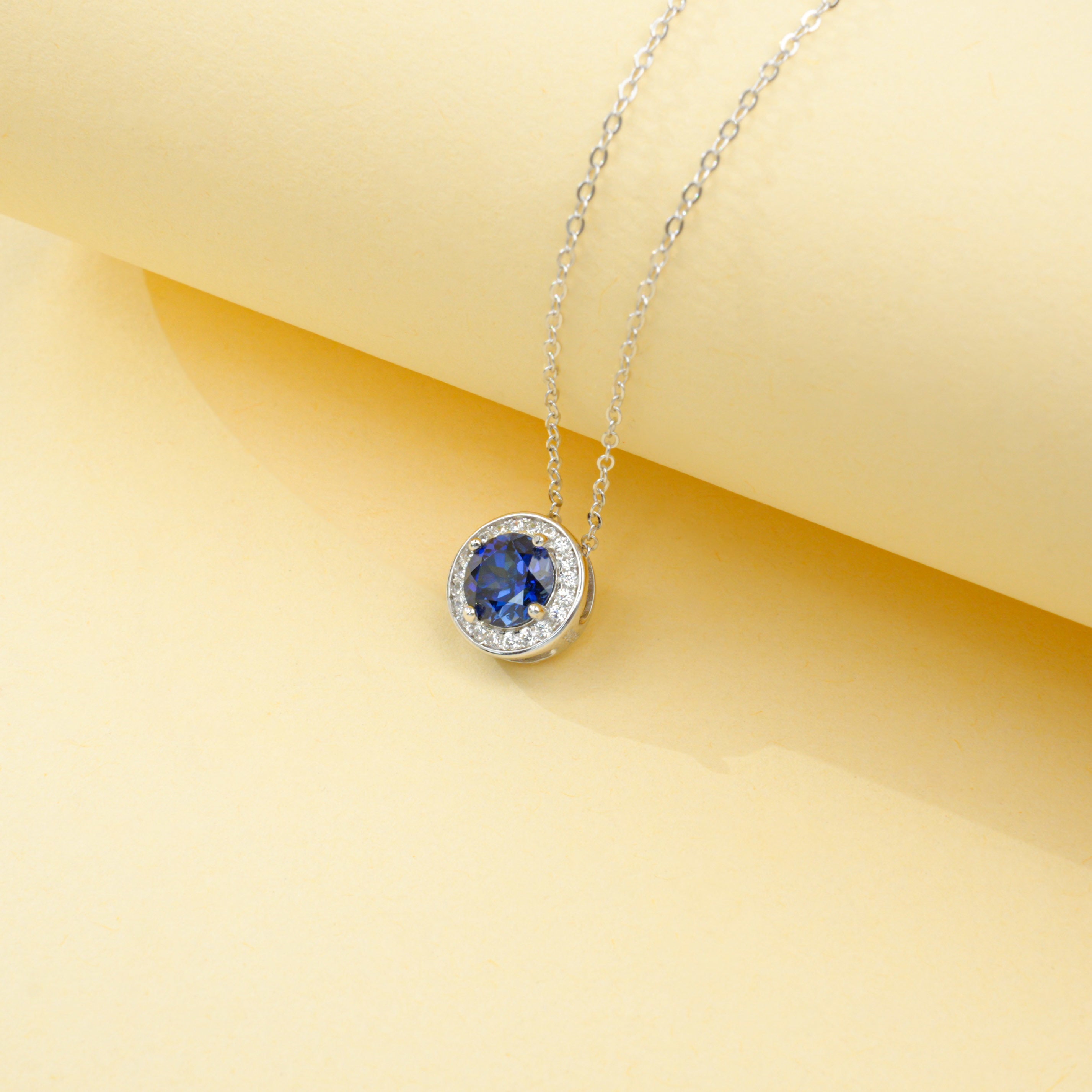 Lab-Grown Sapphire - Round Blue Star Halo Necklace