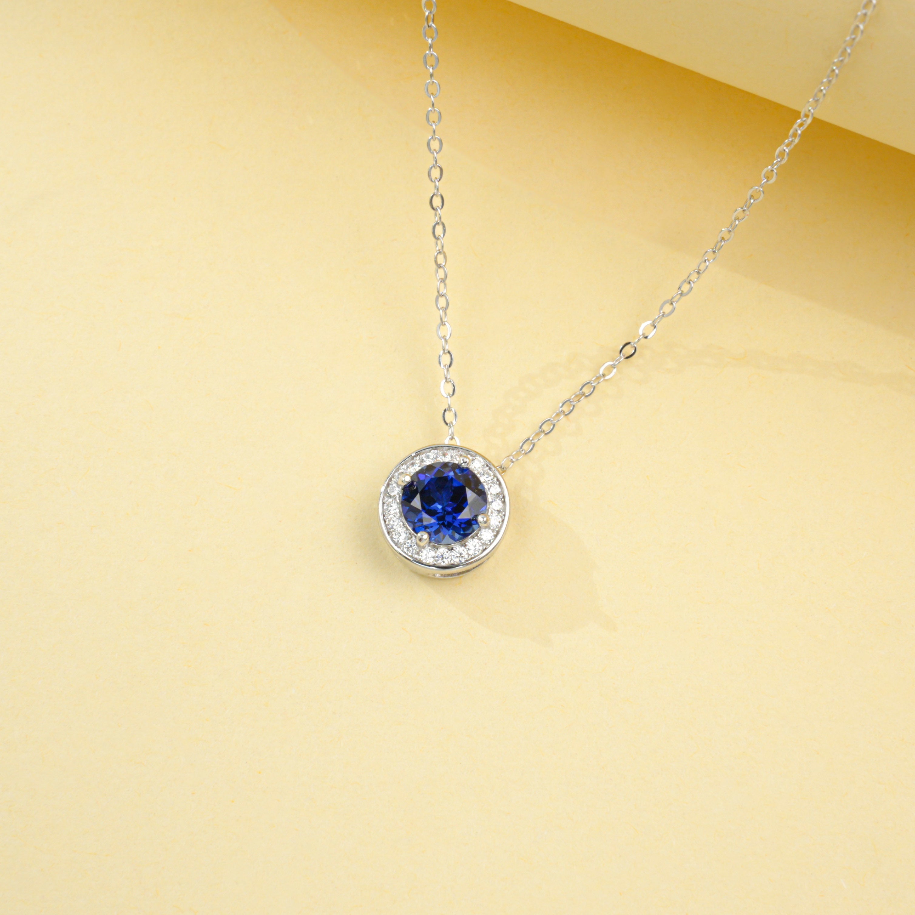 Lab-Grown Sapphire - Round Blue Star Halo Necklace