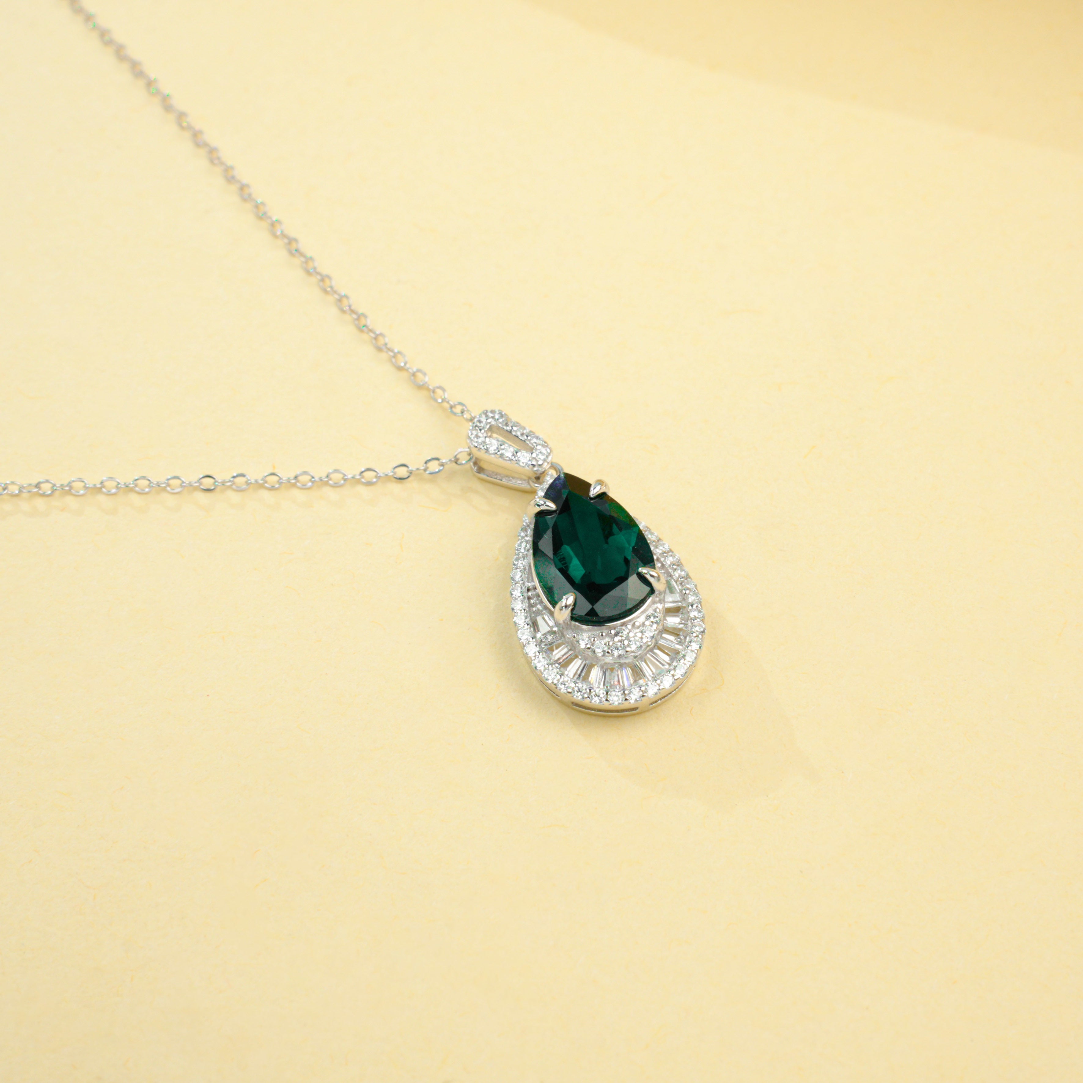 Lab-Grown Emerald - Teardrop Deep Verdant Diamond-Halo Necklace