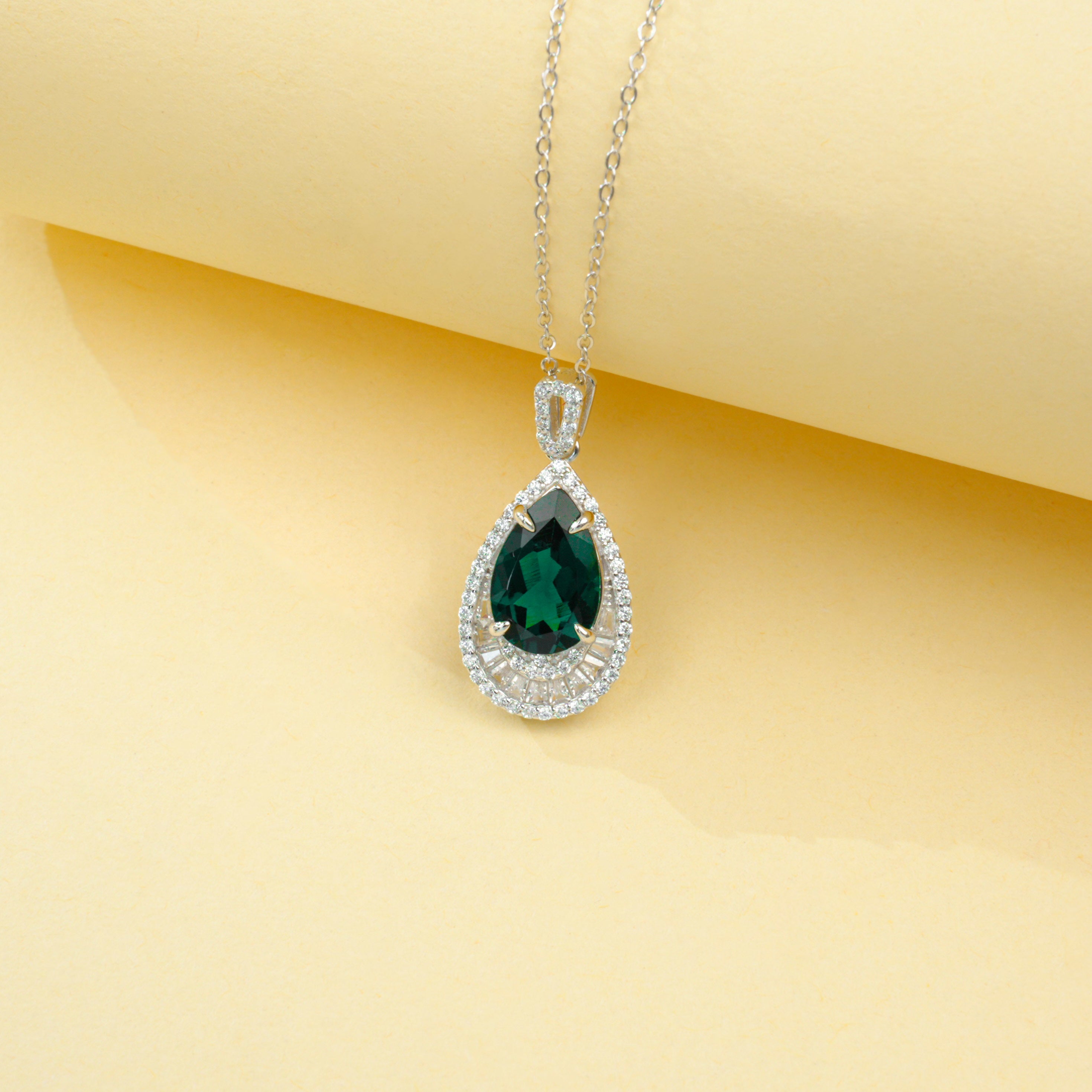 Lab-Grown Emerald - Teardrop Deep Verdant Diamond-Halo Necklace