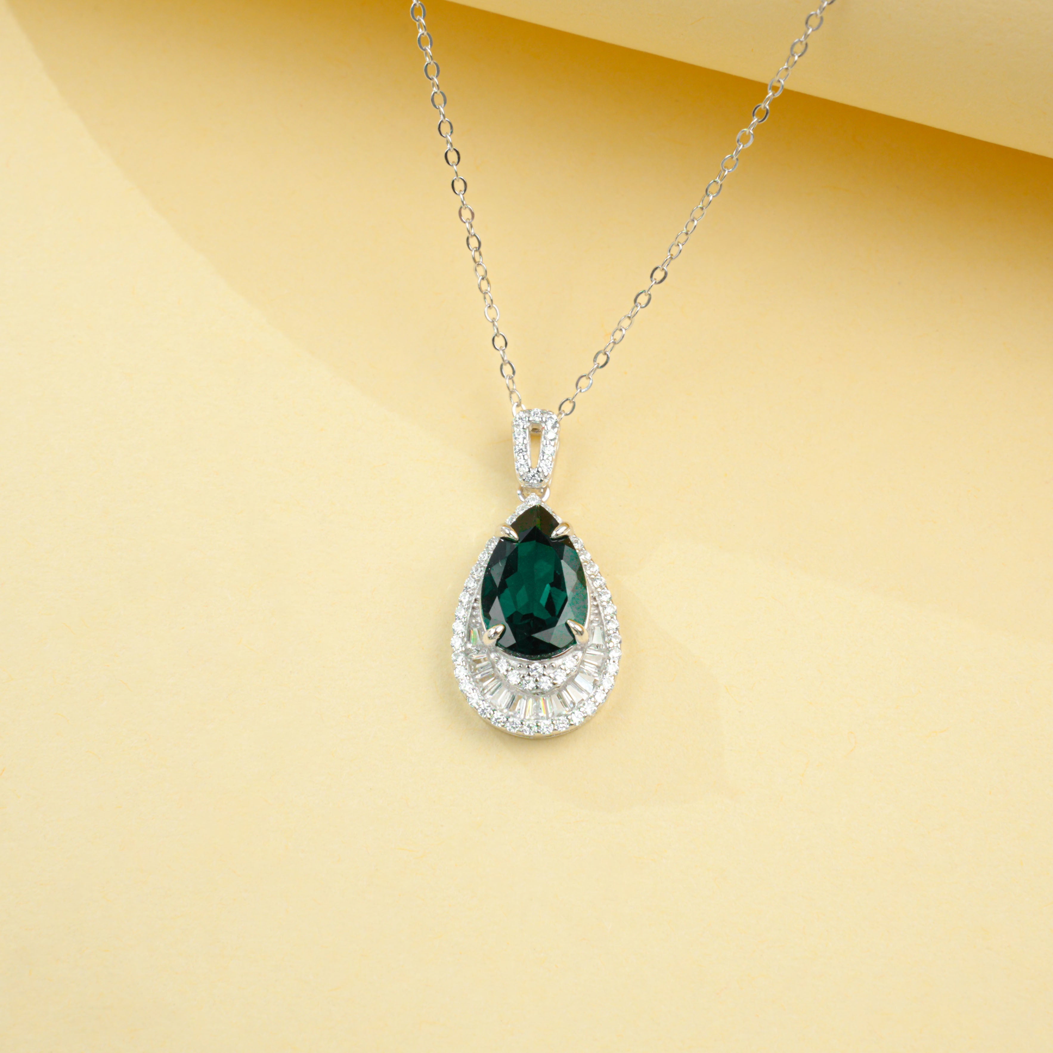Lab-Grown Emerald - Teardrop Deep Verdant Diamond-Halo Necklace