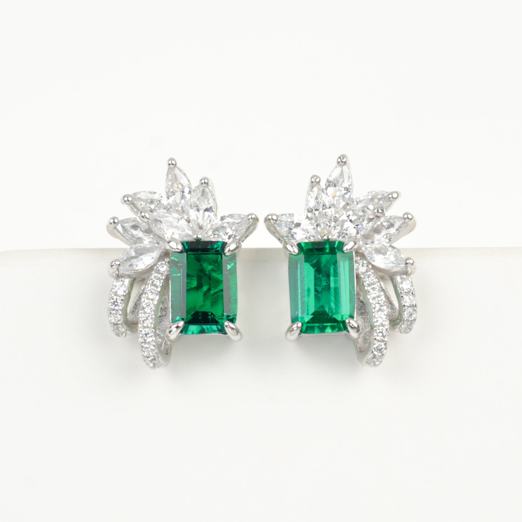 Lab-Grown Emerald - Long Emerald Flower-Bloom Diamond-Cluster Earrings