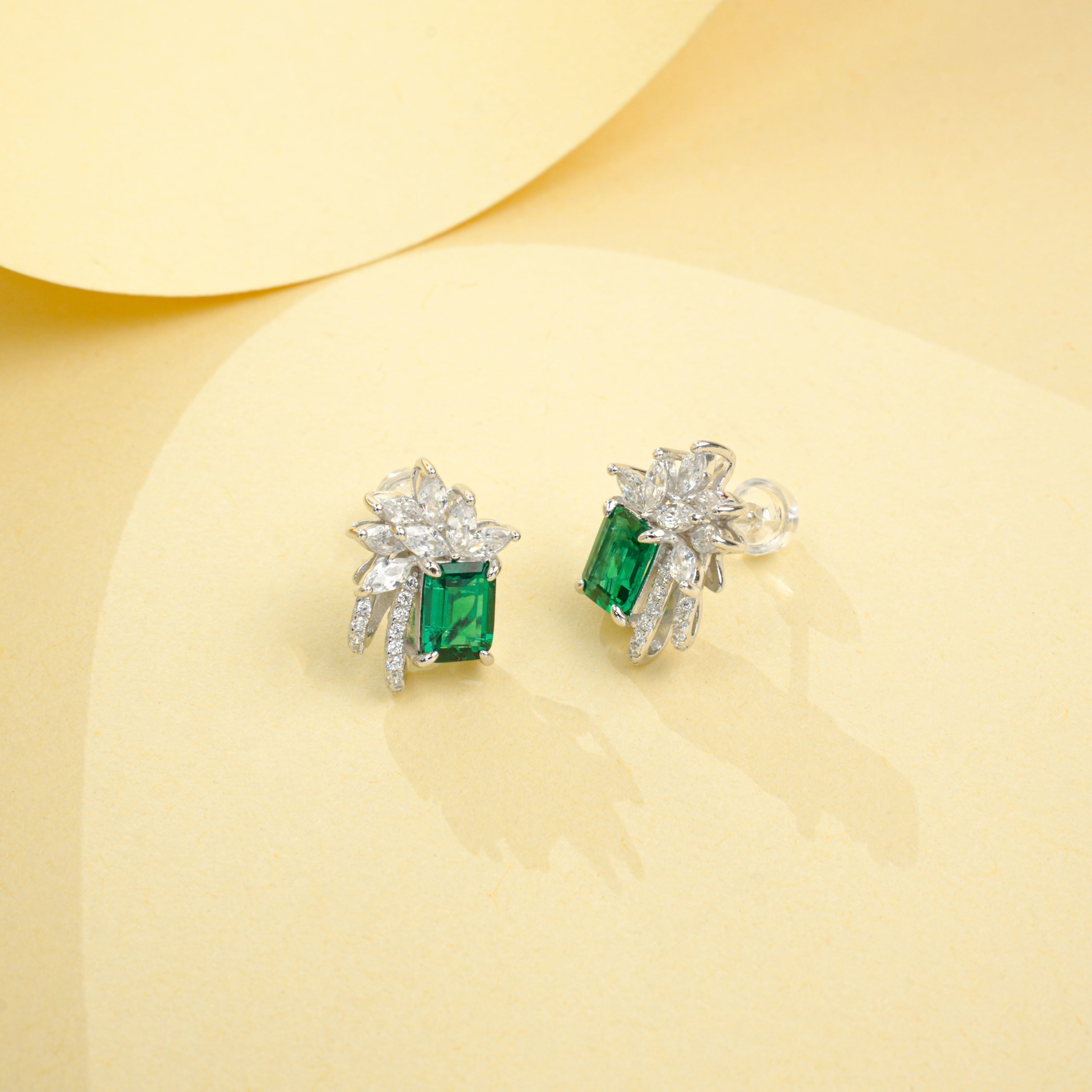 Lab-Grown Emerald - Long Emerald Flower-Bloom Diamond-Cluster Earrings