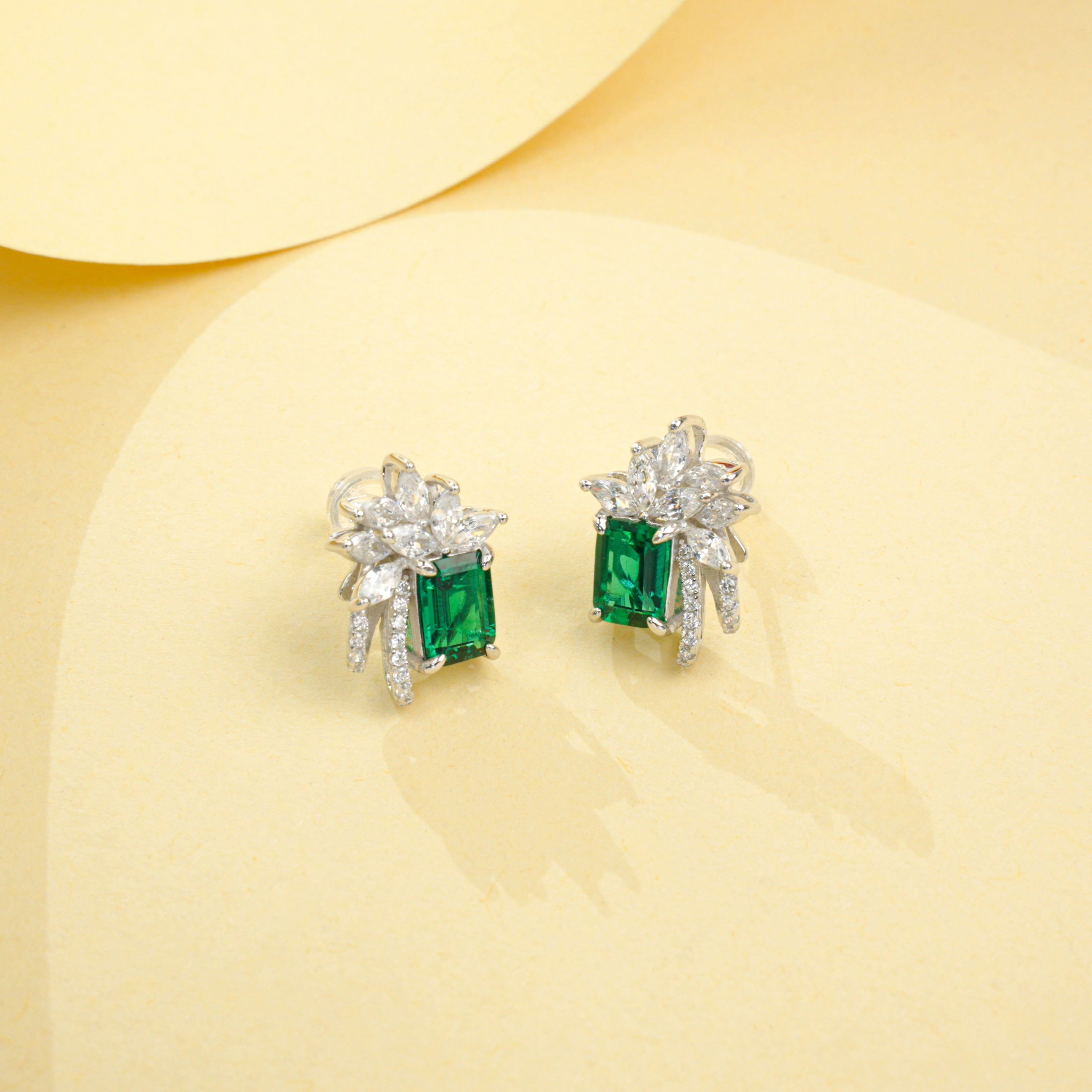 Lab-Grown Emerald - Long Emerald Flower-Bloom Diamond-Cluster Earrings