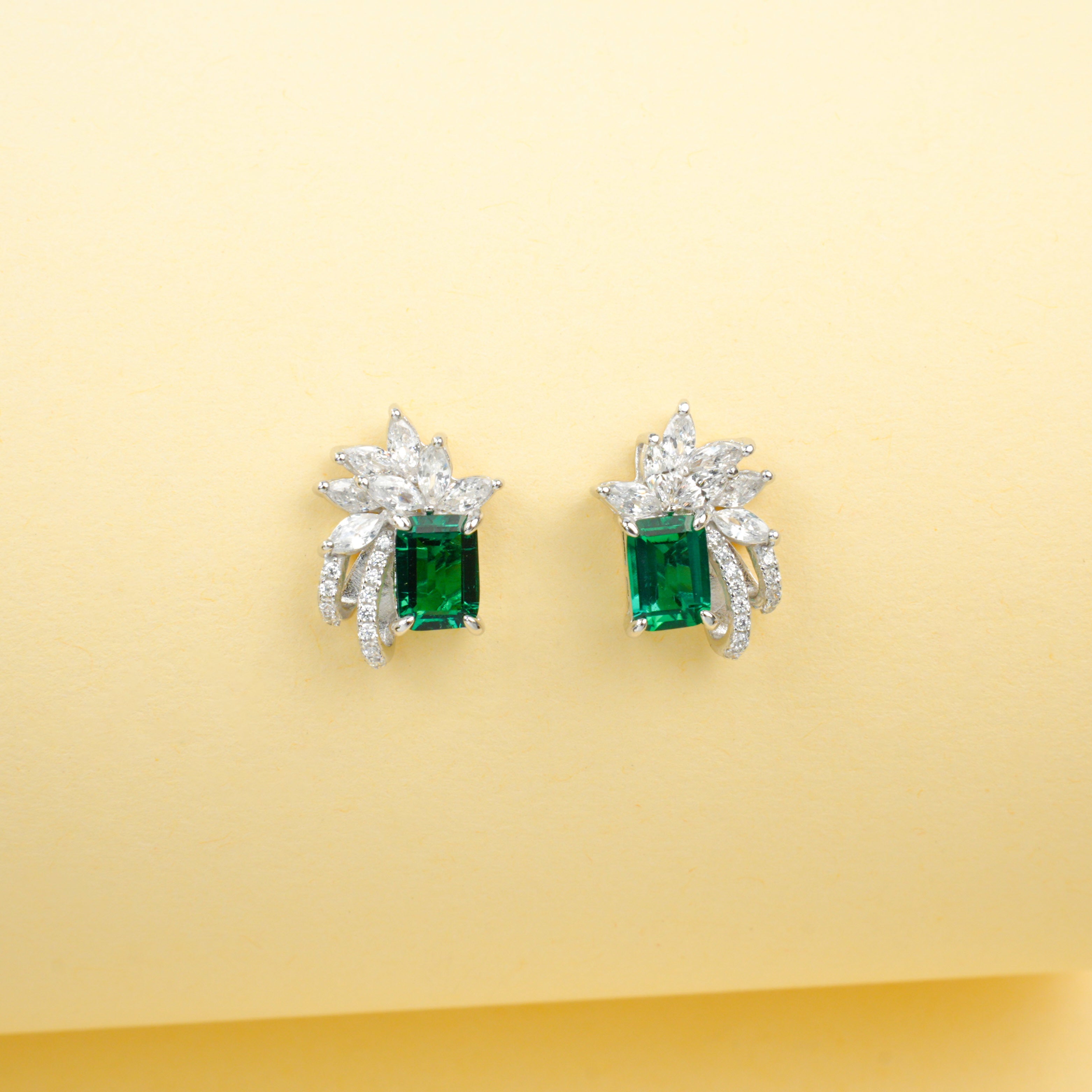 Lab-Grown Emerald - Long Emerald Flower-Bloom Diamond-Cluster Earrings