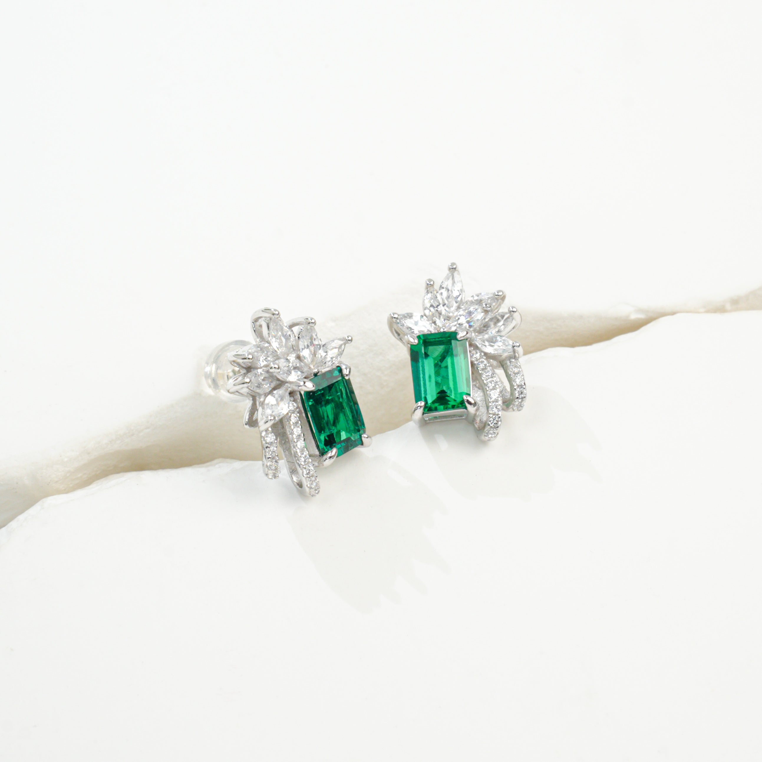 Lab-Grown Emerald - Long Emerald Flower-Bloom Diamond-Cluster Earrings