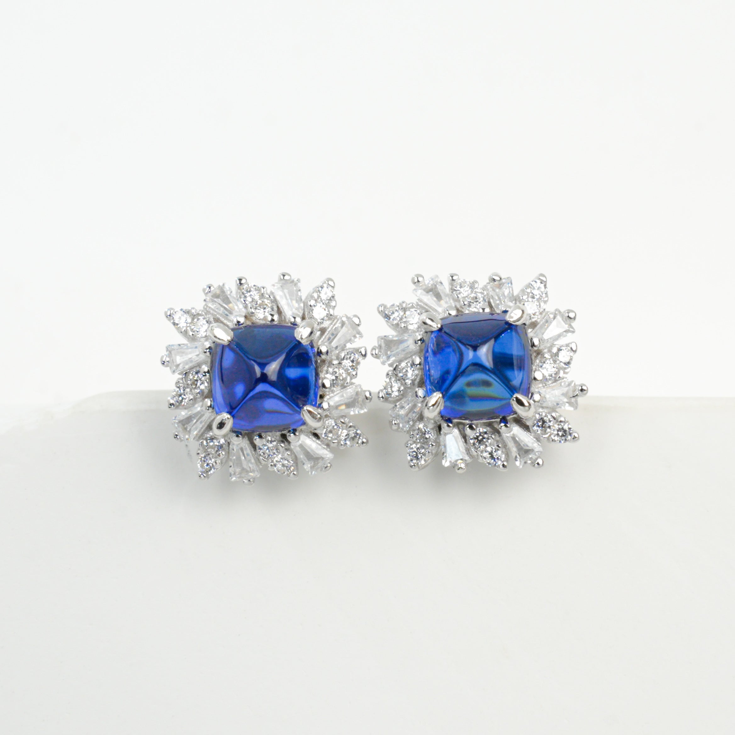 Lab-Grown Sapphire - Square Blue Starburst Diamond-Cluster Earrings