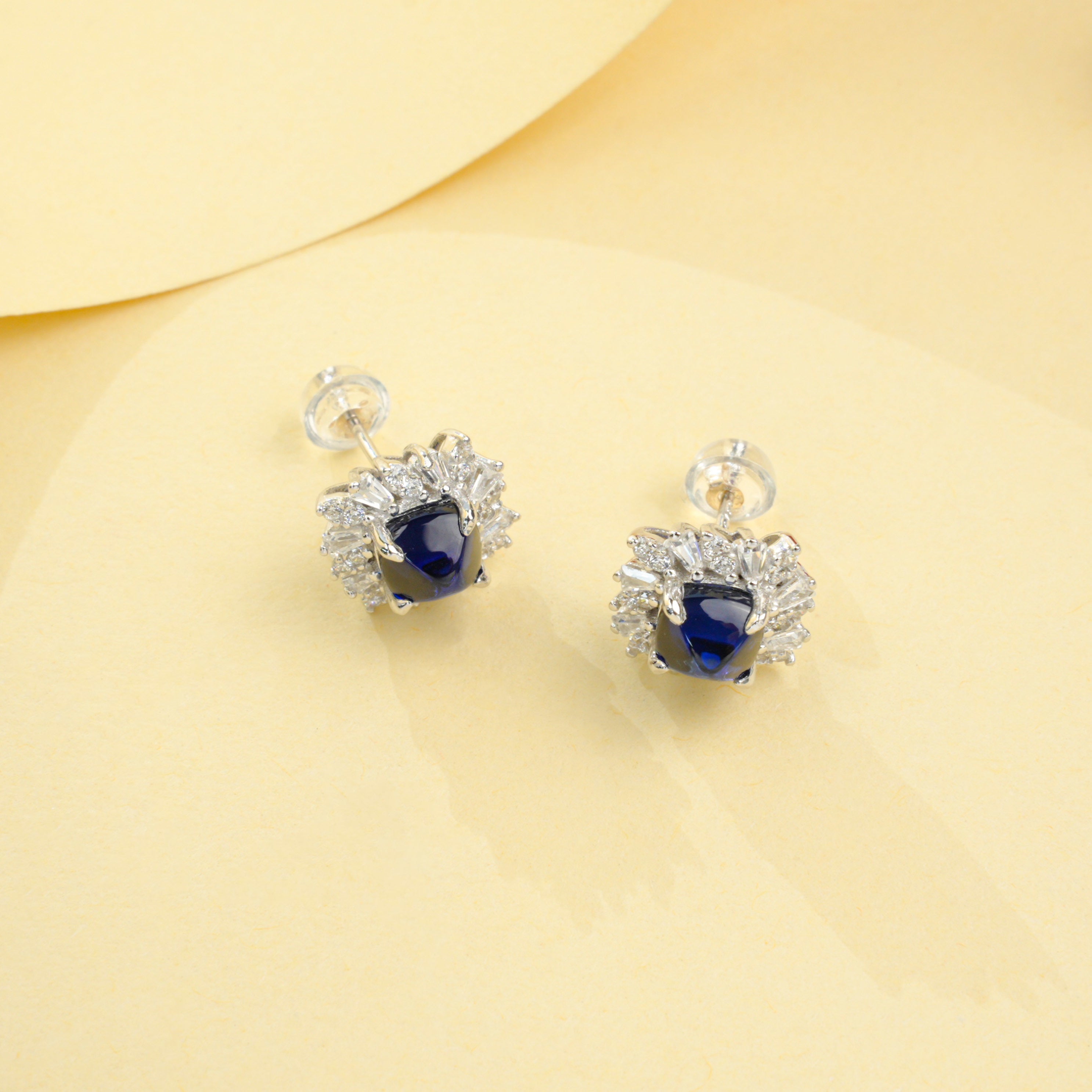 Lab-Grown Sapphire - Square Blue Starburst Diamond-Cluster Earrings