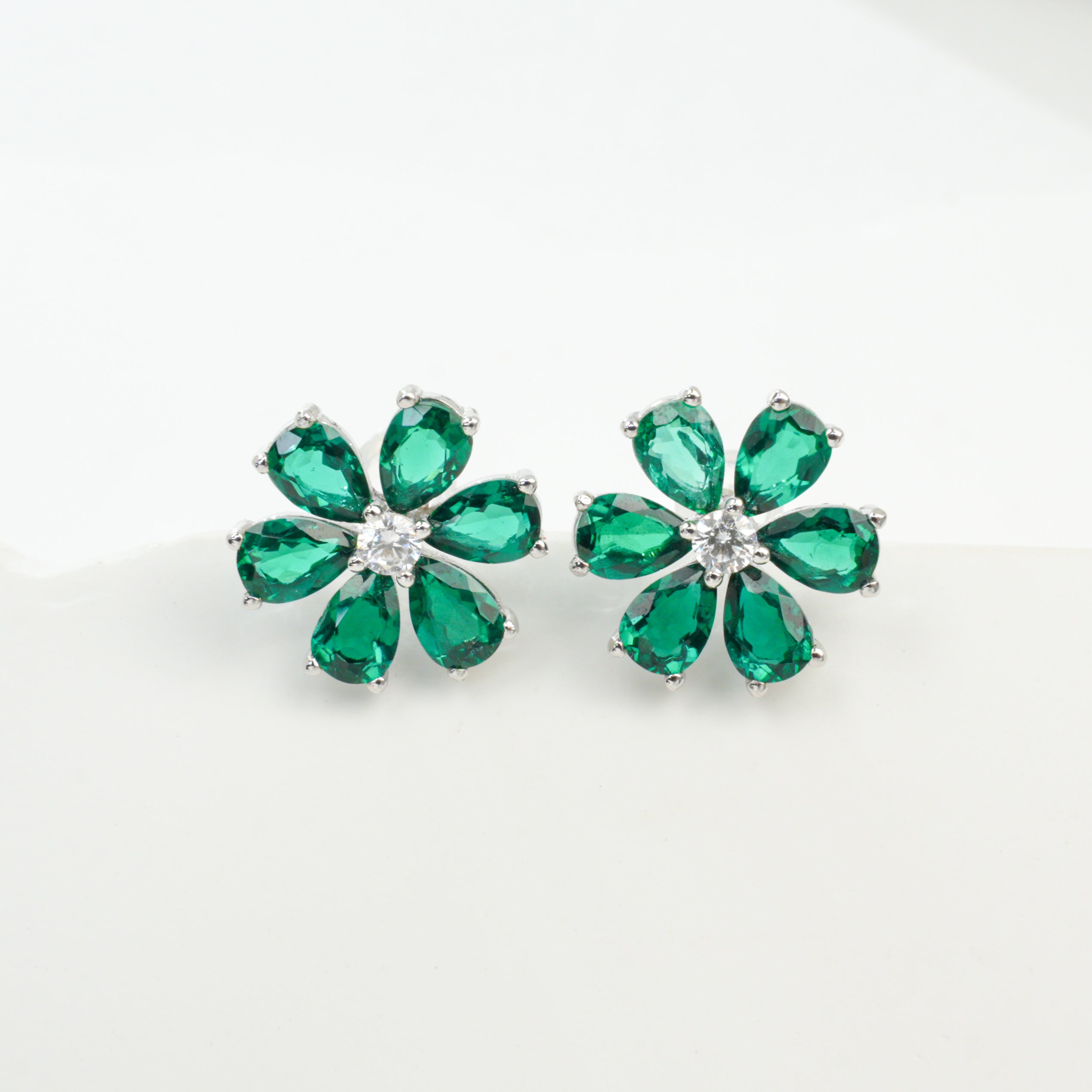Lab-Grown Emerald - Emerald Petal Flower-Blooming Diamond-Center Earrings