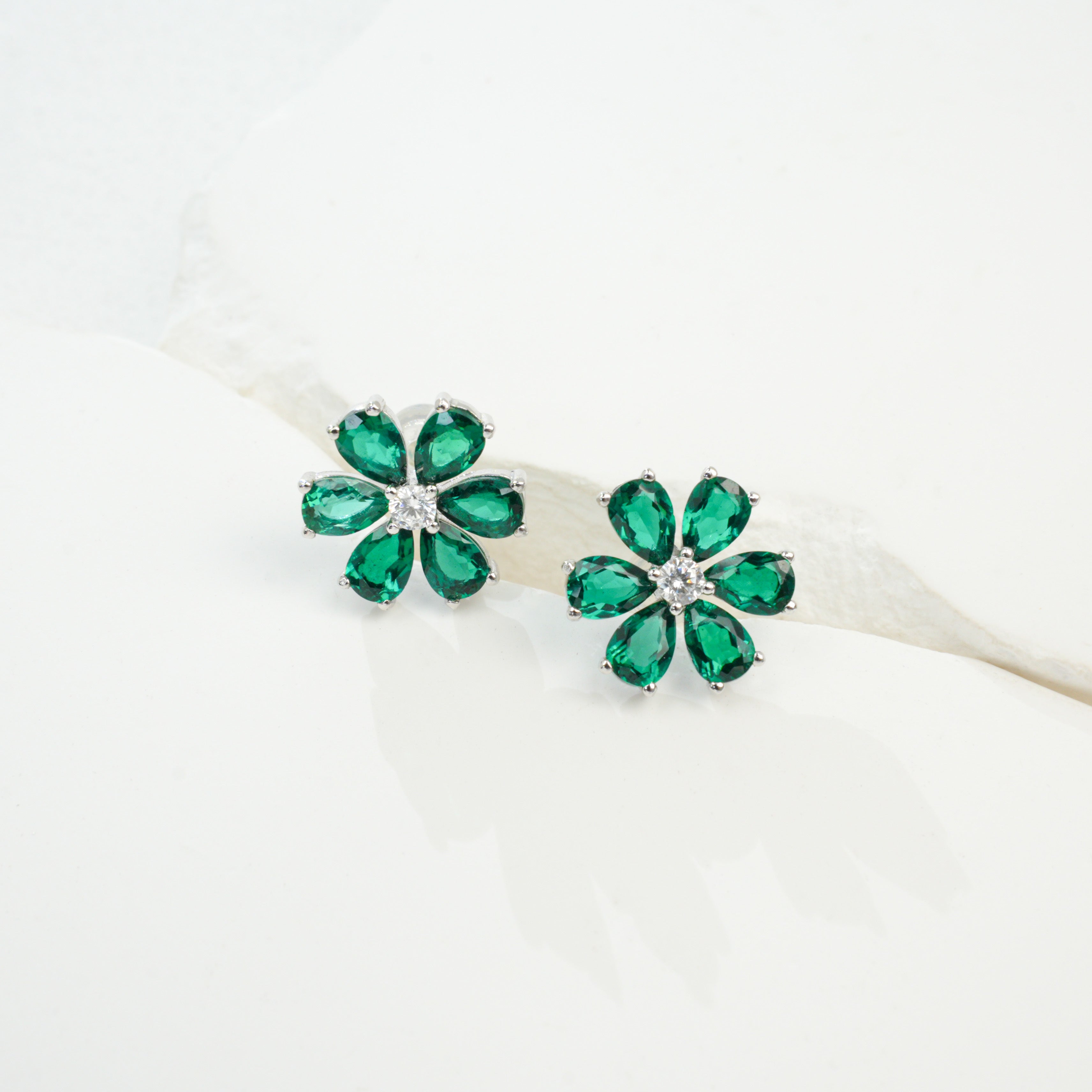 Lab-Grown Emerald - Emerald Petal Flower-Blooming Diamond-Center Earrings