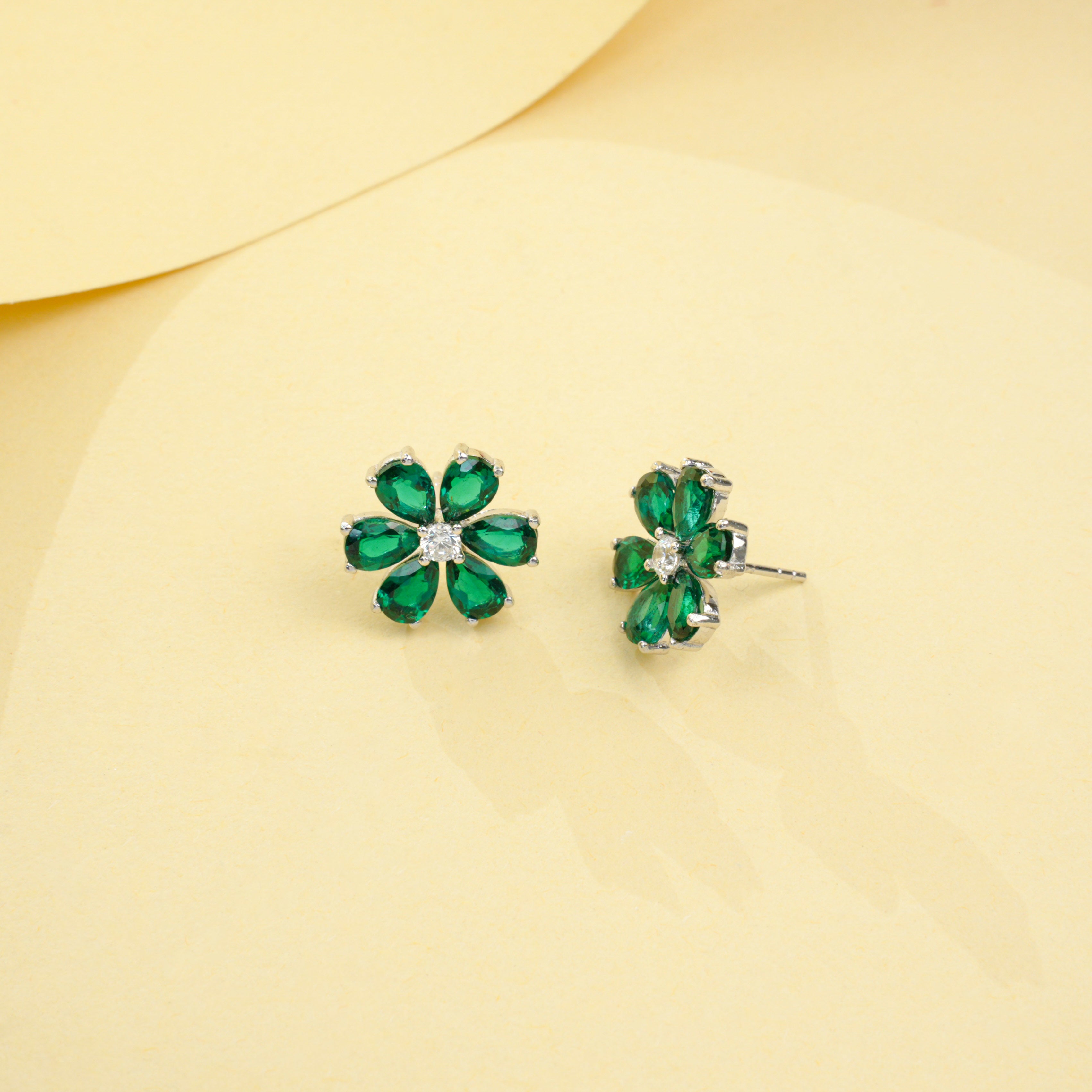Lab-Grown Emerald - Emerald Petal Flower-Blooming Diamond-Center Earrings