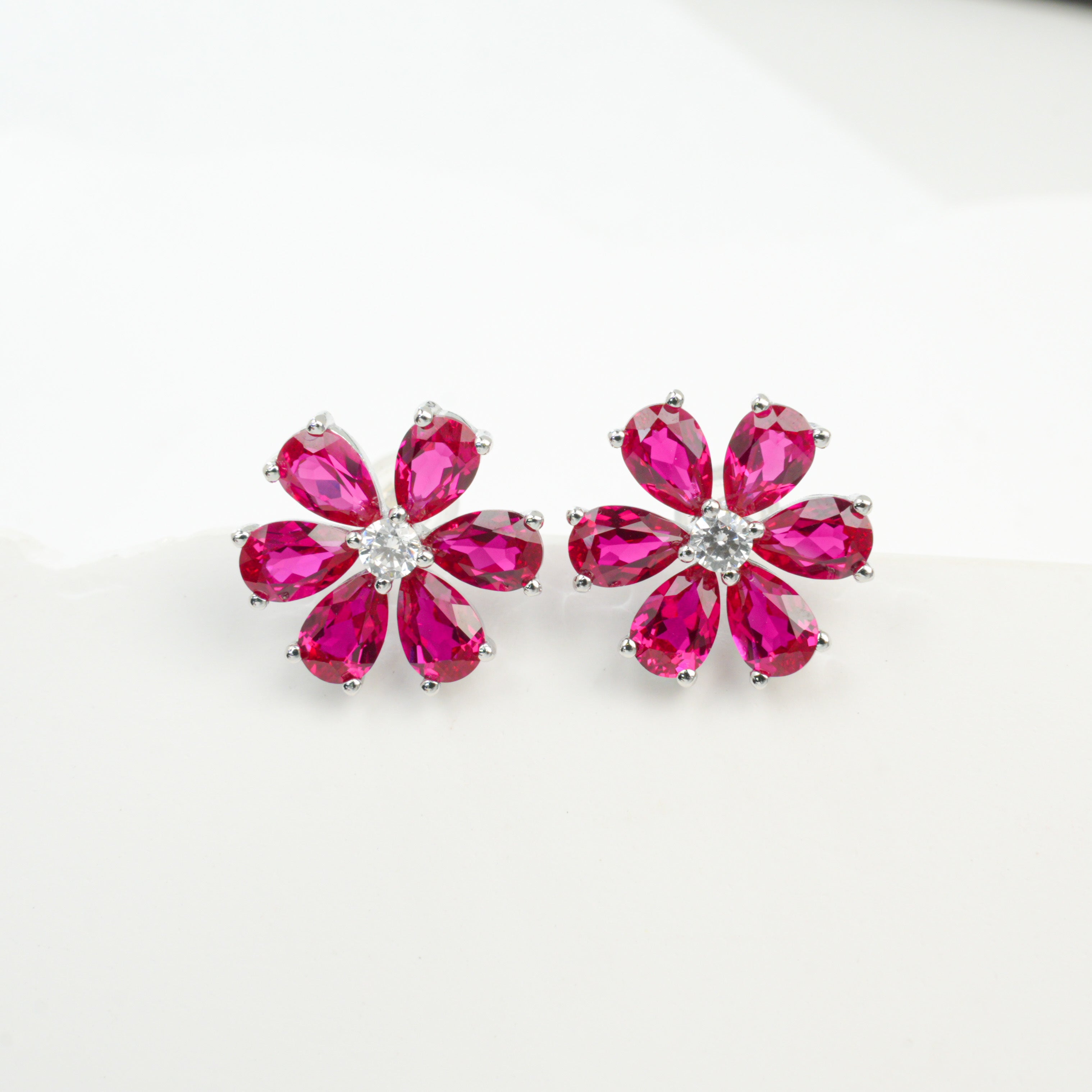 Lab-Grown Emerald - Emerald Petal Flower-Blooming Diamond-Center Earrings