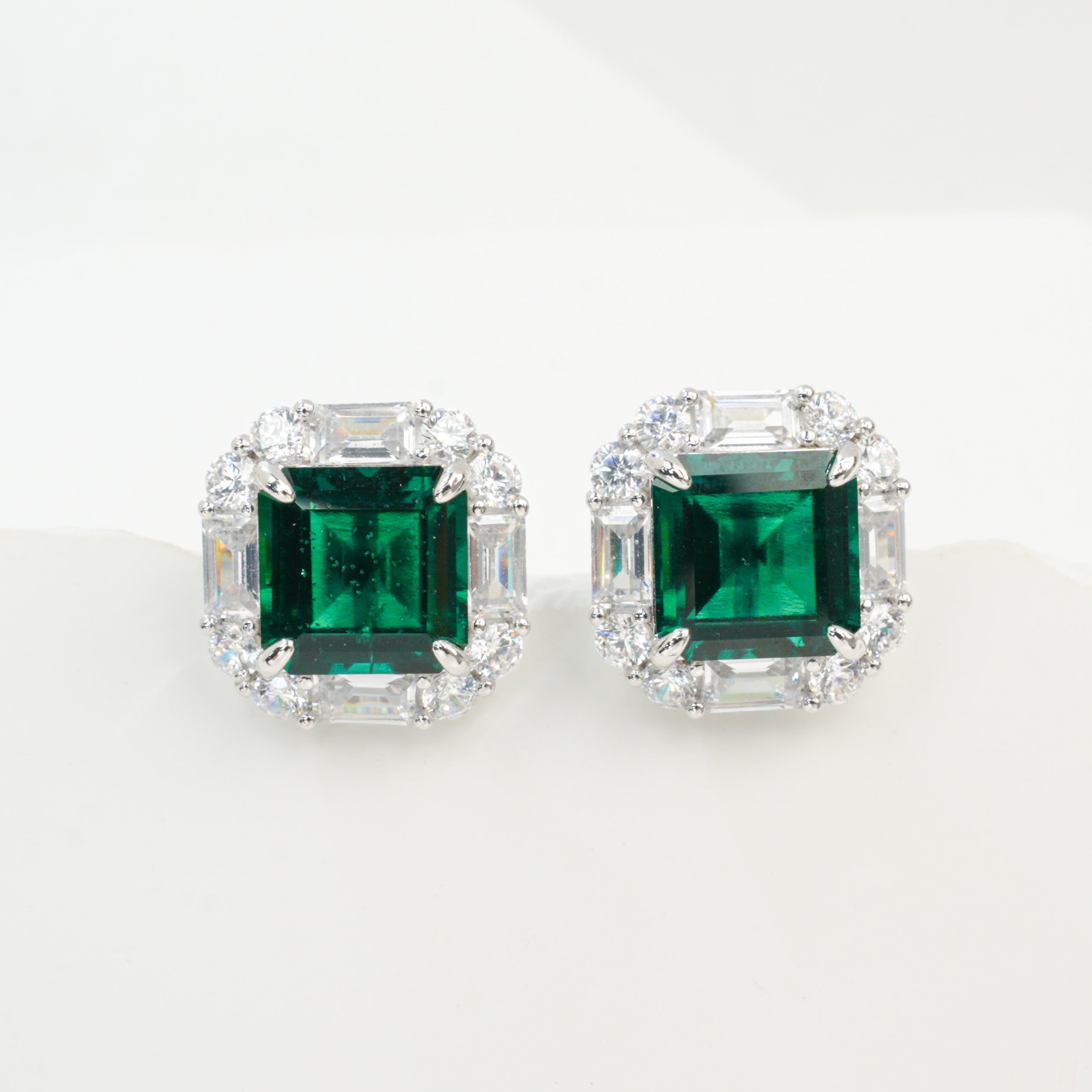 Lab-Grown Emerald - Square Emerald Diamond-Halo Rhombus-Shimmer Earrings