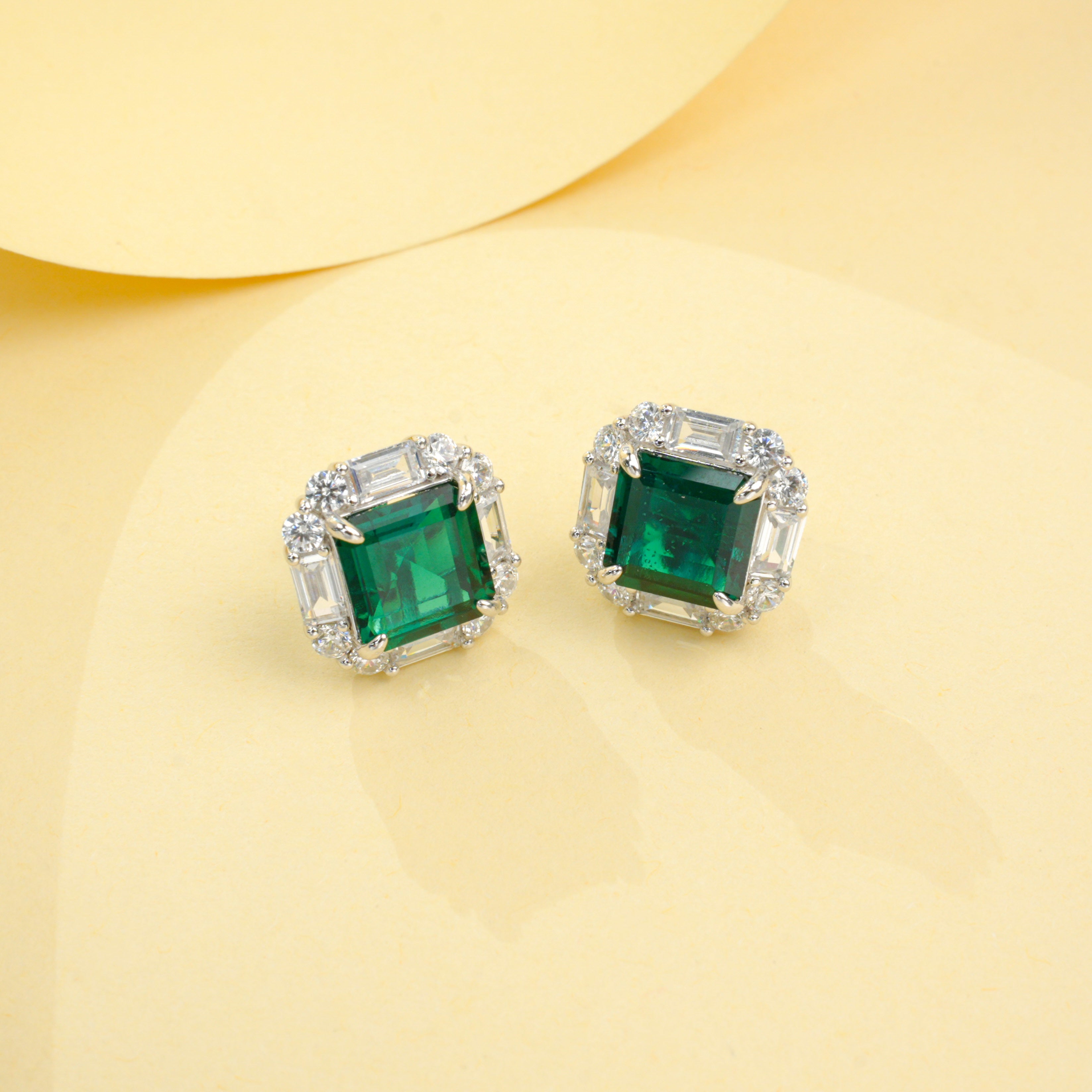 Lab-Grown Emerald - Square Emerald Diamond-Halo Rhombus-Shimmer Earrings