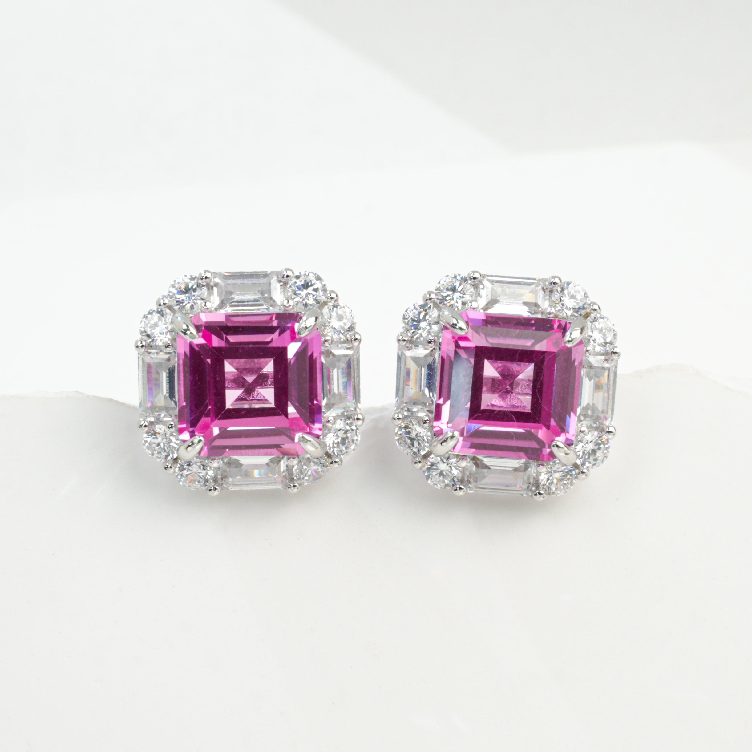 Lab-Grown Emerald - Square Emerald Diamond-Halo Rhombus-Shimmer Earrings