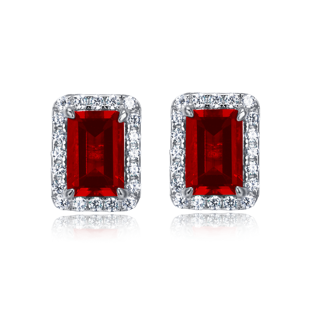 Lab-Grown Ruby - Long Crimson Diamond-Halo Square Hoop Earrings