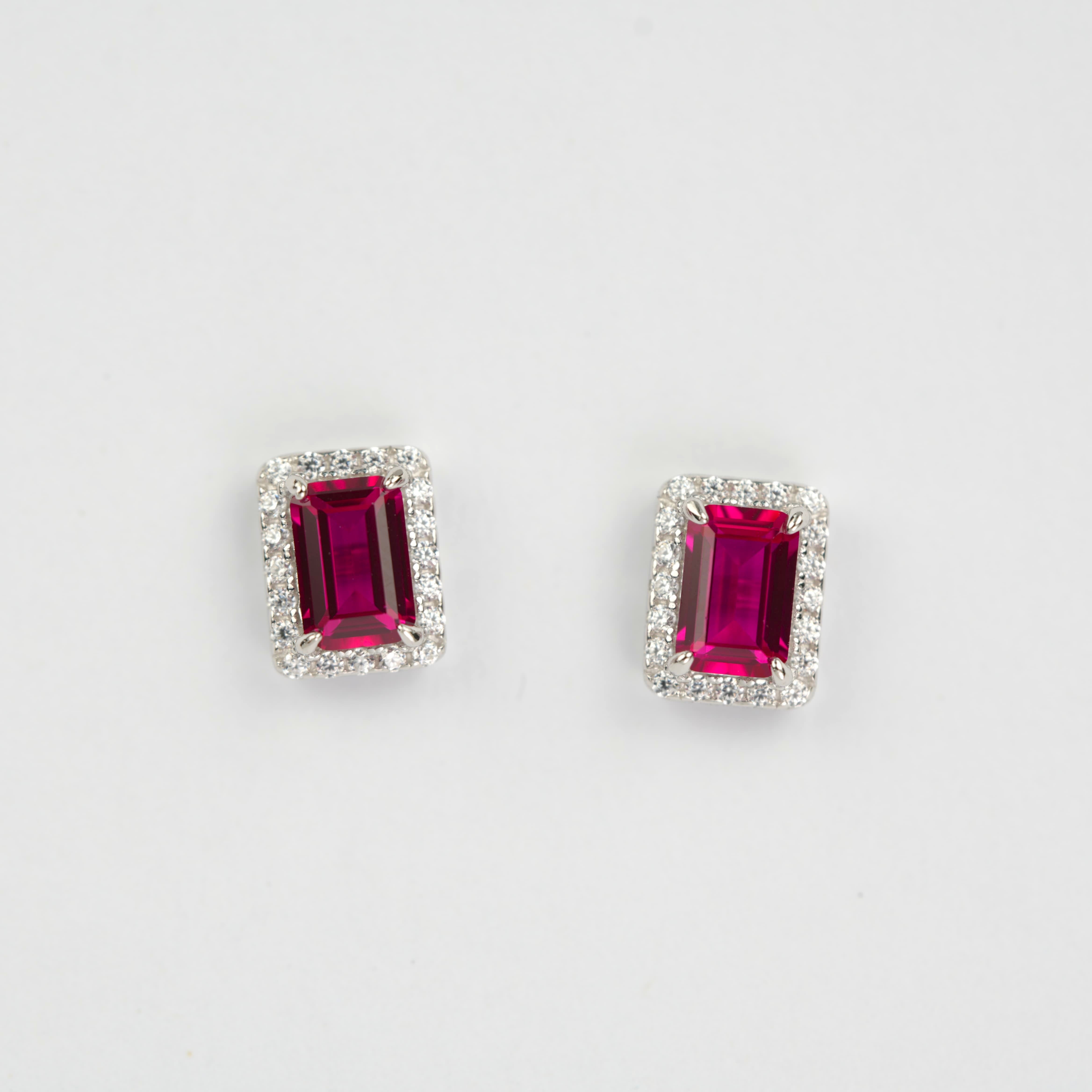 Lab-Grown Ruby - Long Crimson Diamond-Halo Square Hoop Earrings