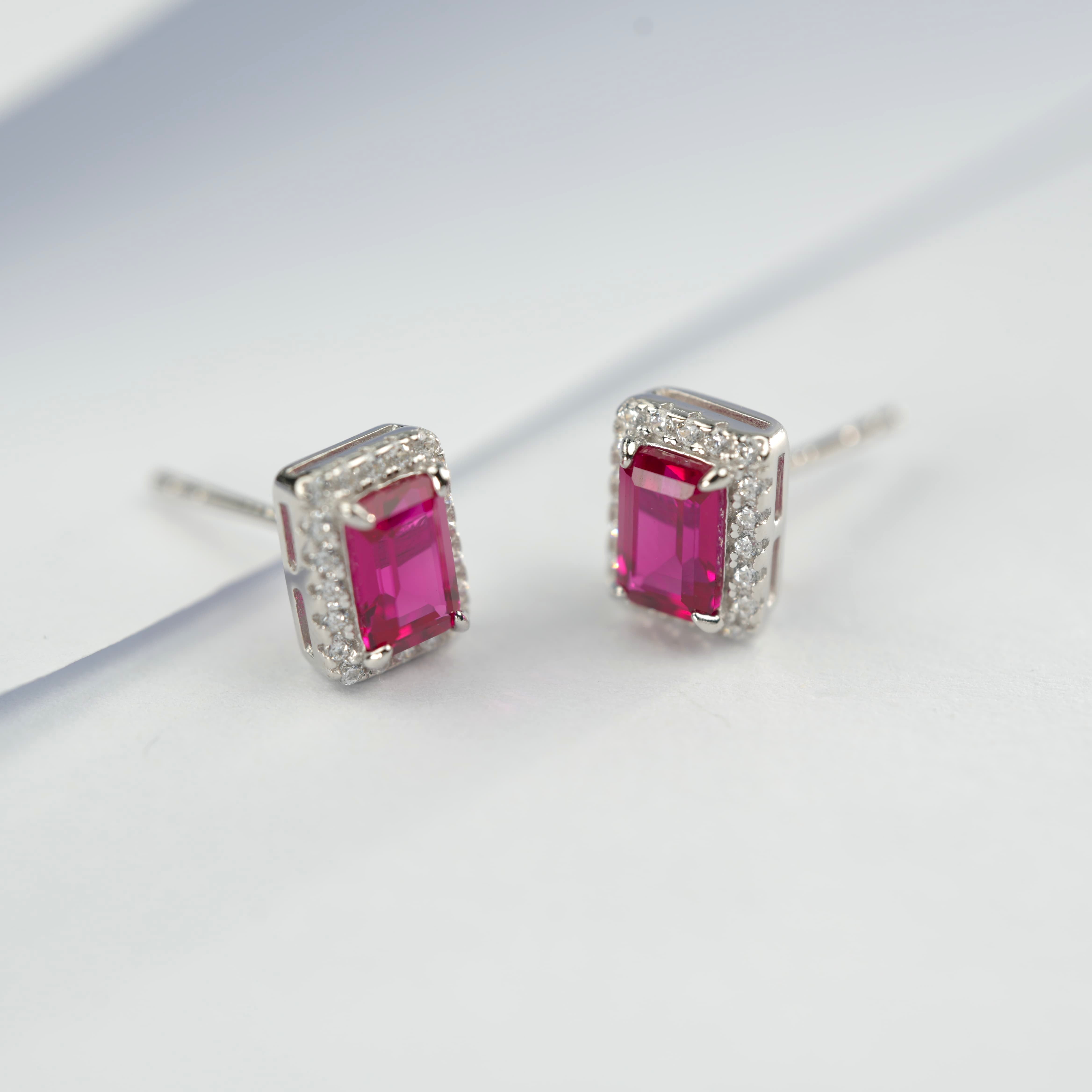 Lab-Grown Ruby - Long Crimson Diamond-Halo Square Hoop Earrings