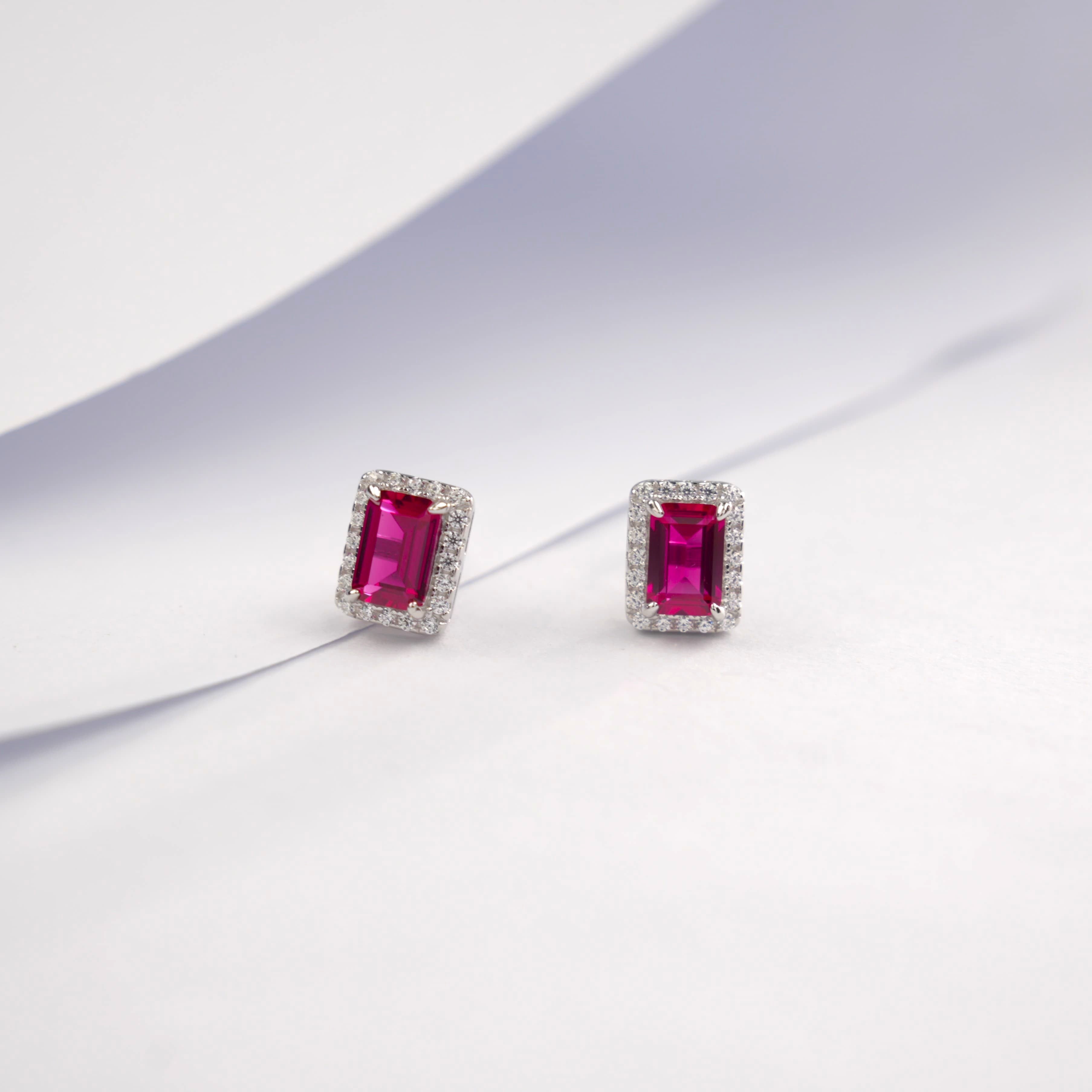 Lab-Grown Ruby - Long Crimson Diamond-Halo Square Hoop Earrings