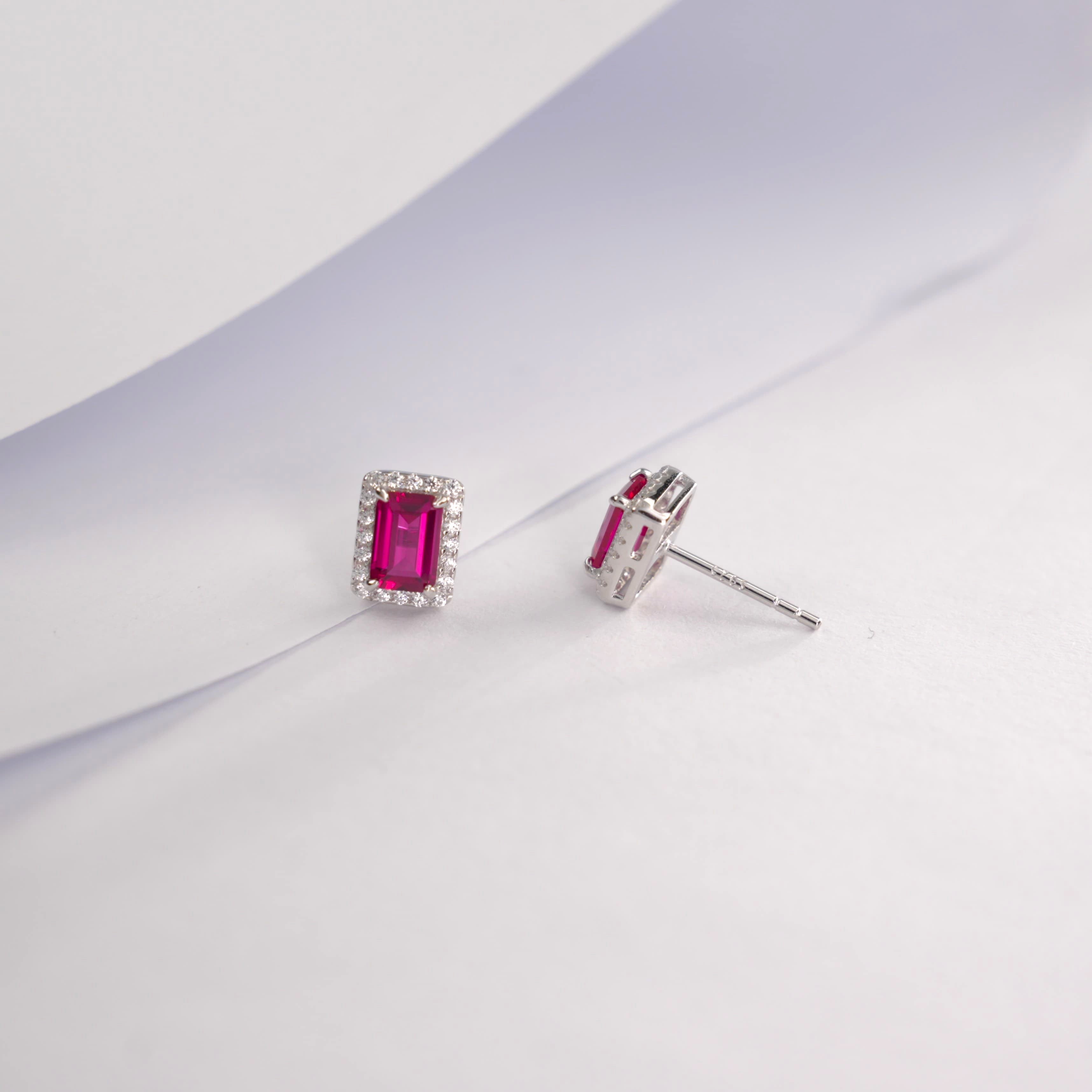 Lab-Grown Ruby - Long Crimson Diamond-Halo Square Hoop Earrings