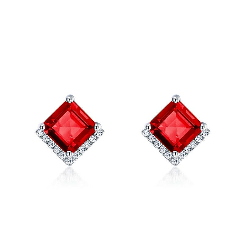 Lab-Grown Ruby - Rhombus Crimson Diamond-Edged Trapezoid Earrings