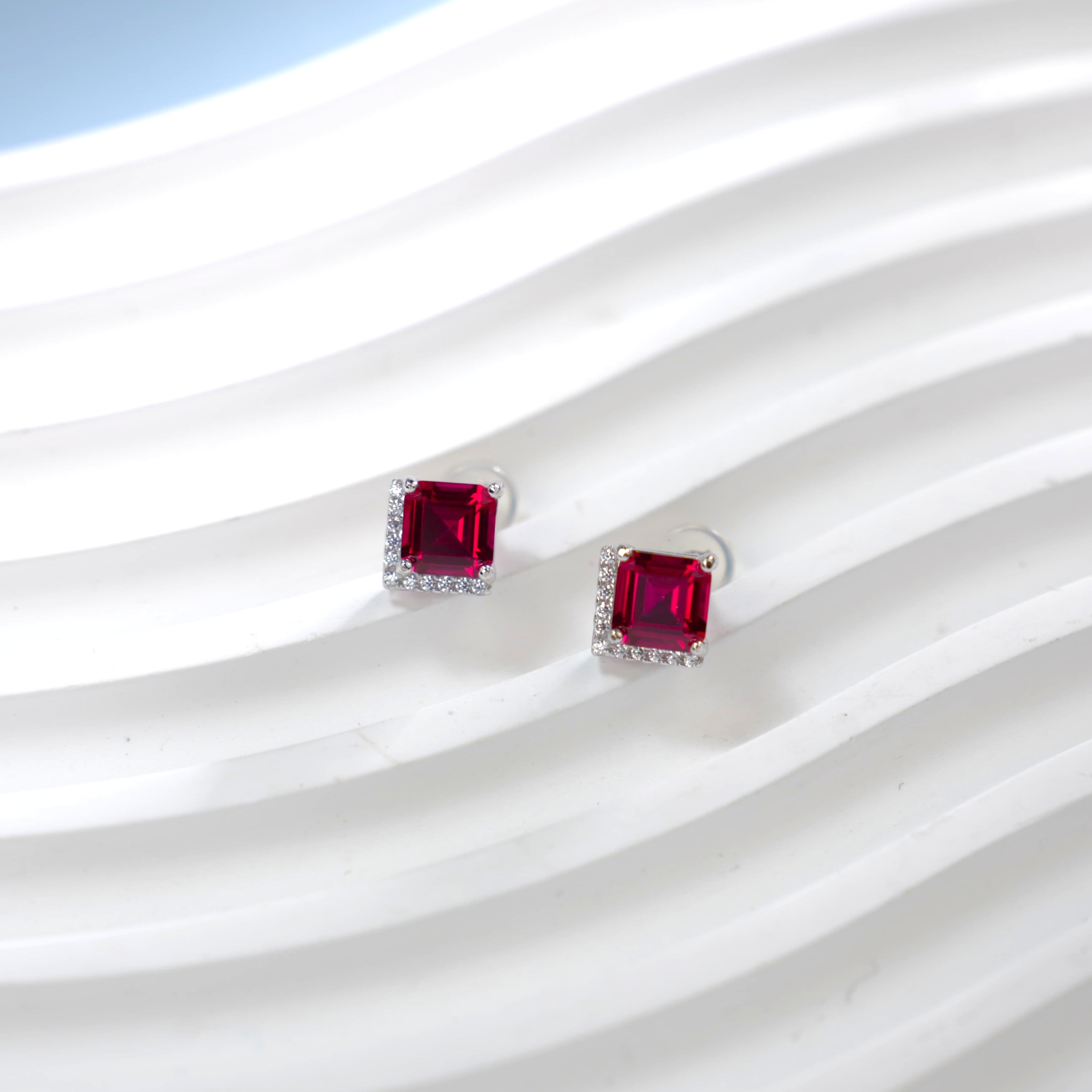Lab-Grown Ruby - Rhombus Crimson Diamond-Edged Trapezoid Earrings