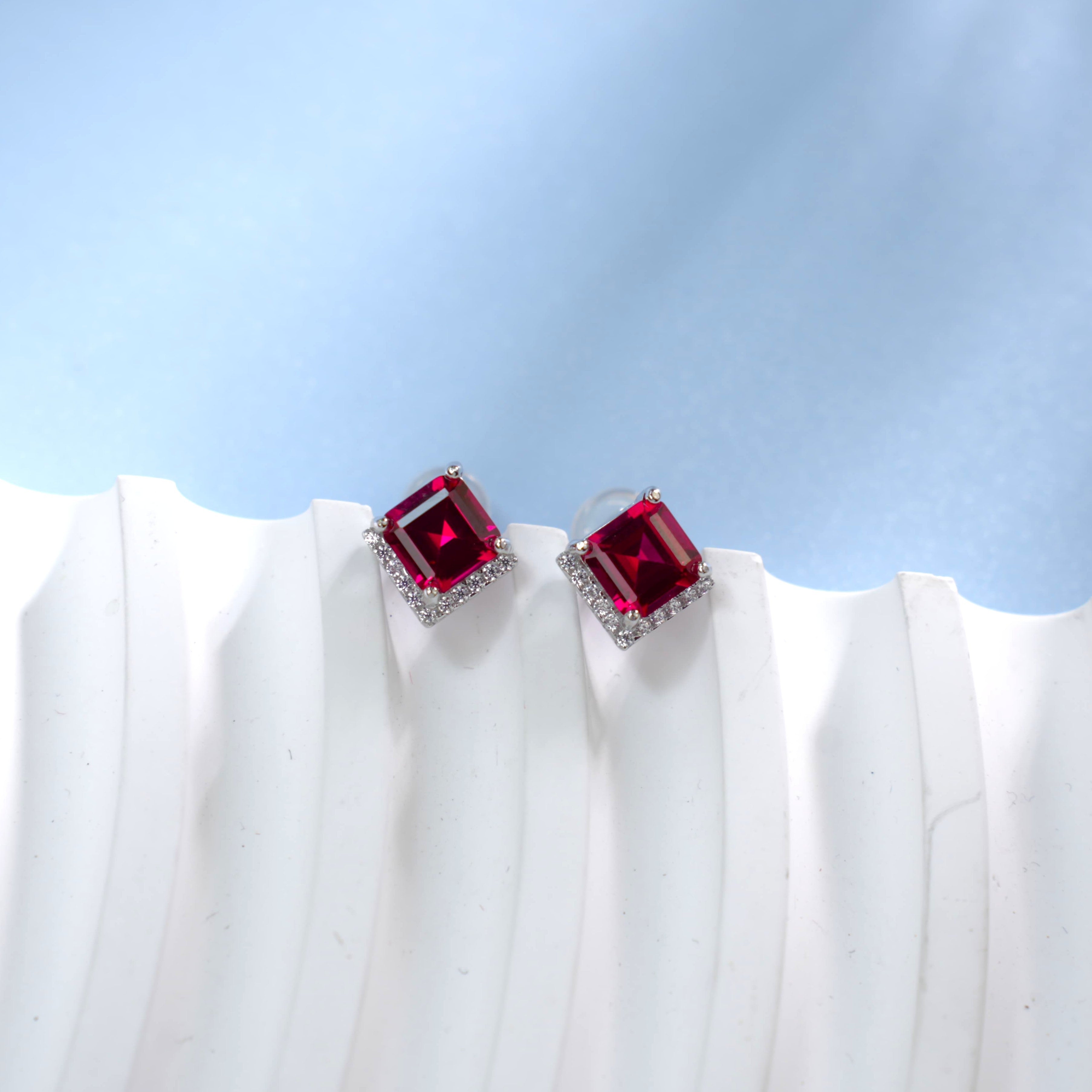 Lab-Grown Ruby - Rhombus Crimson Diamond-Edged Trapezoid Earrings