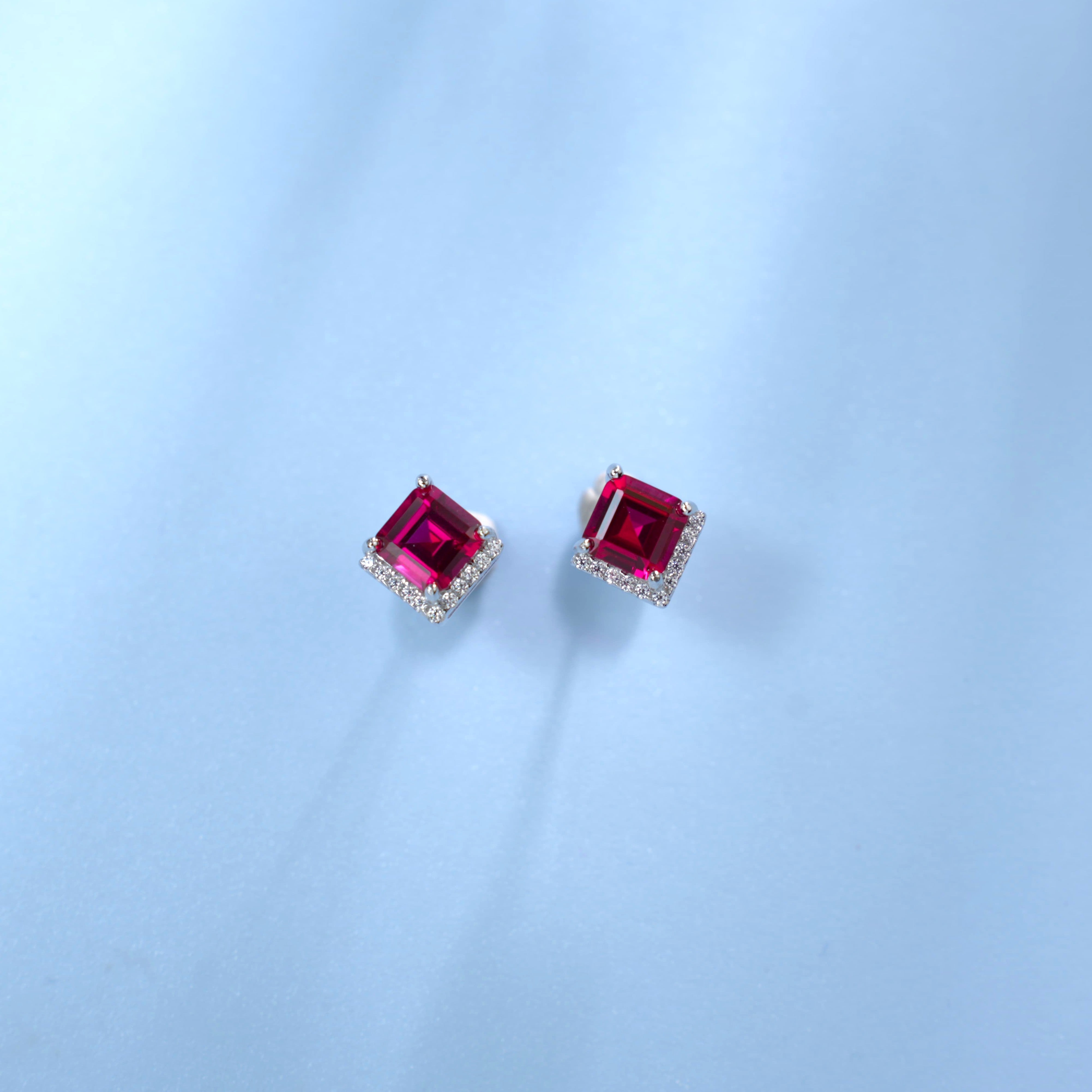 Lab-Grown Ruby - Rhombus Crimson Diamond-Edged Trapezoid Earrings