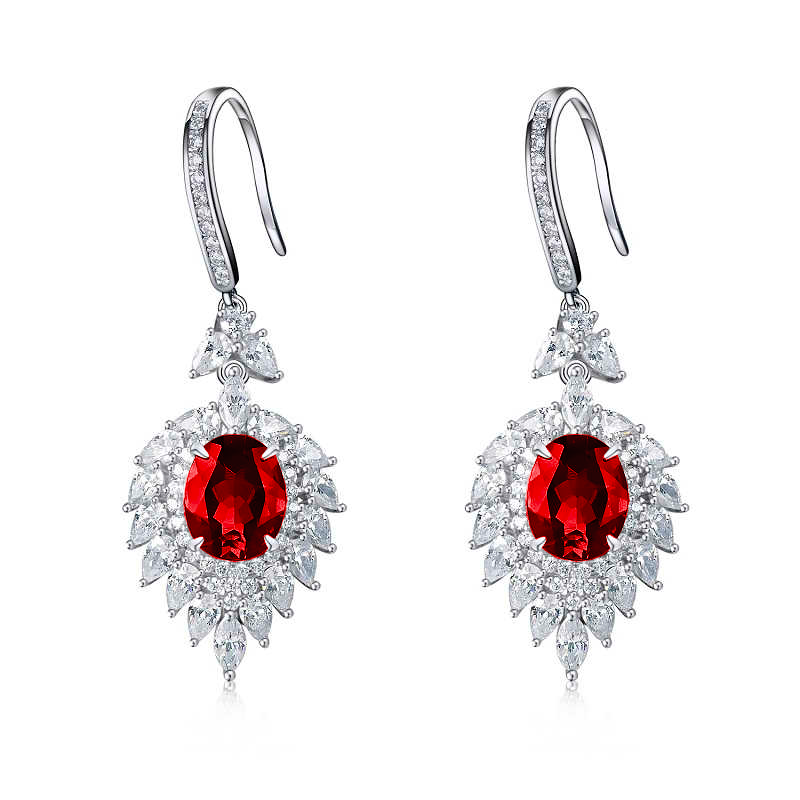 Lab-Grown Ruby - Oval Crimson Star-Blooming Dangle Ear Hooks
