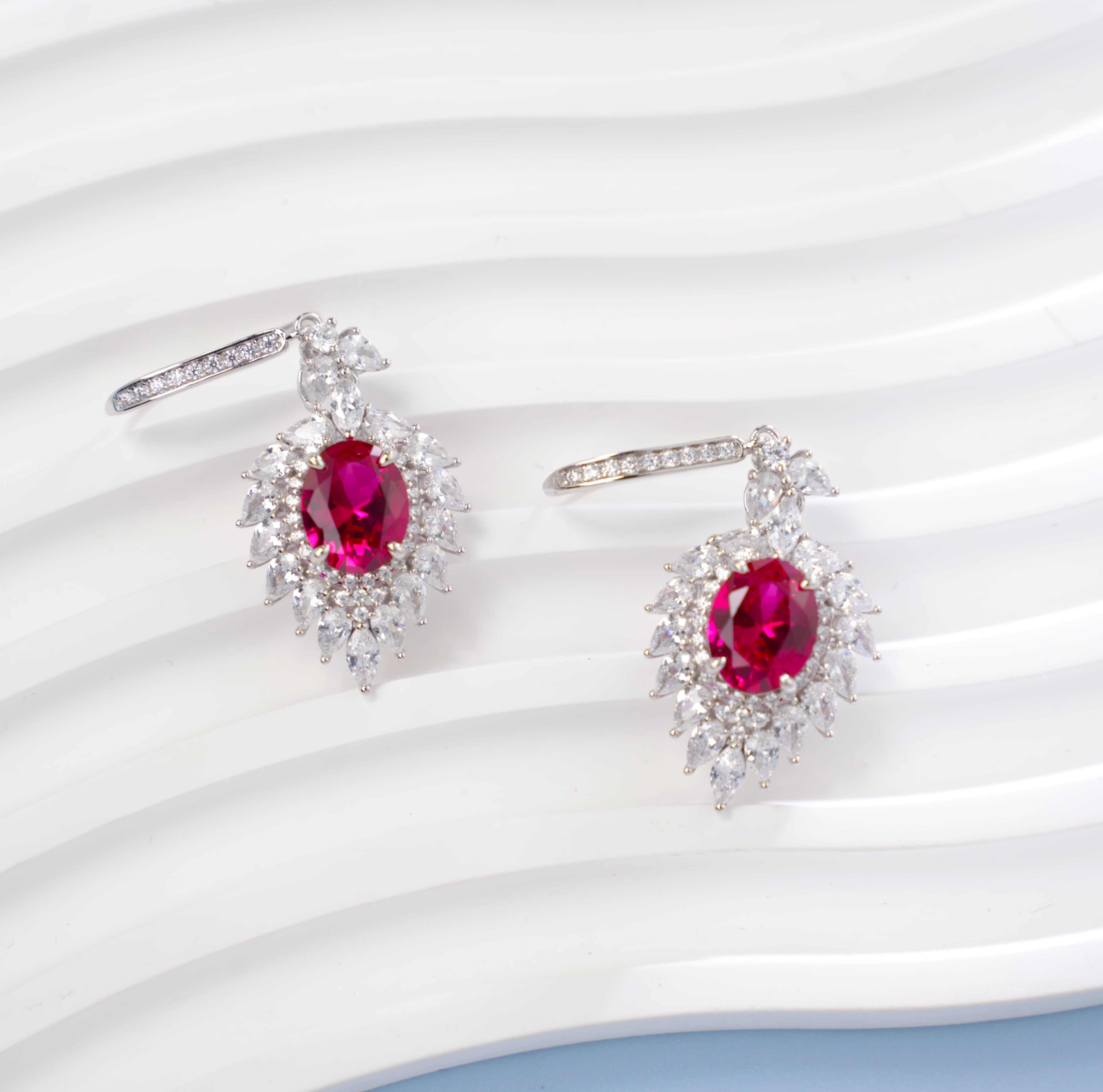 Lab-Grown Ruby - Oval Crimson Star-Blooming Dangle Ear Hooks