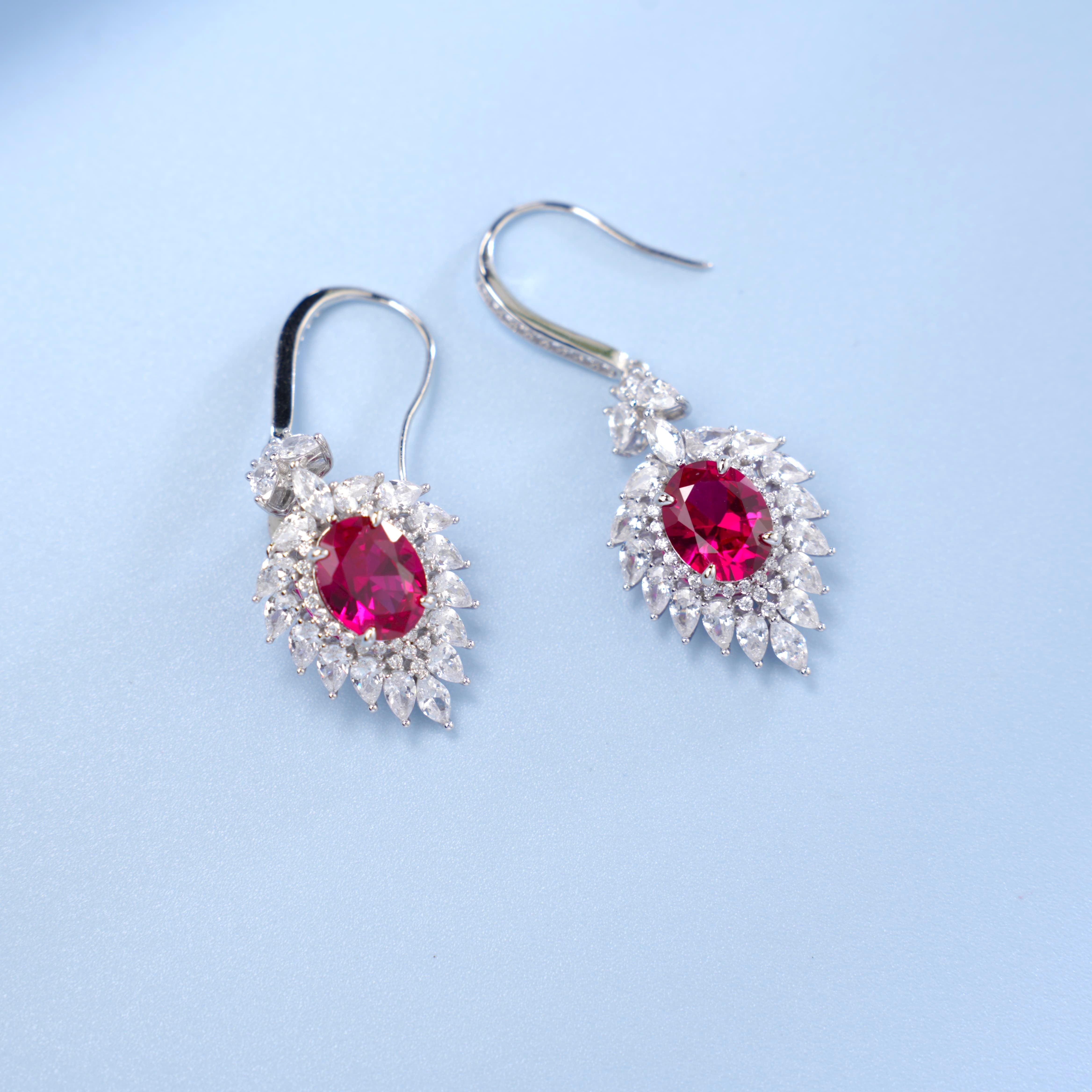 Lab-Grown Ruby - Oval Crimson Star-Blooming Dangle Ear Hooks