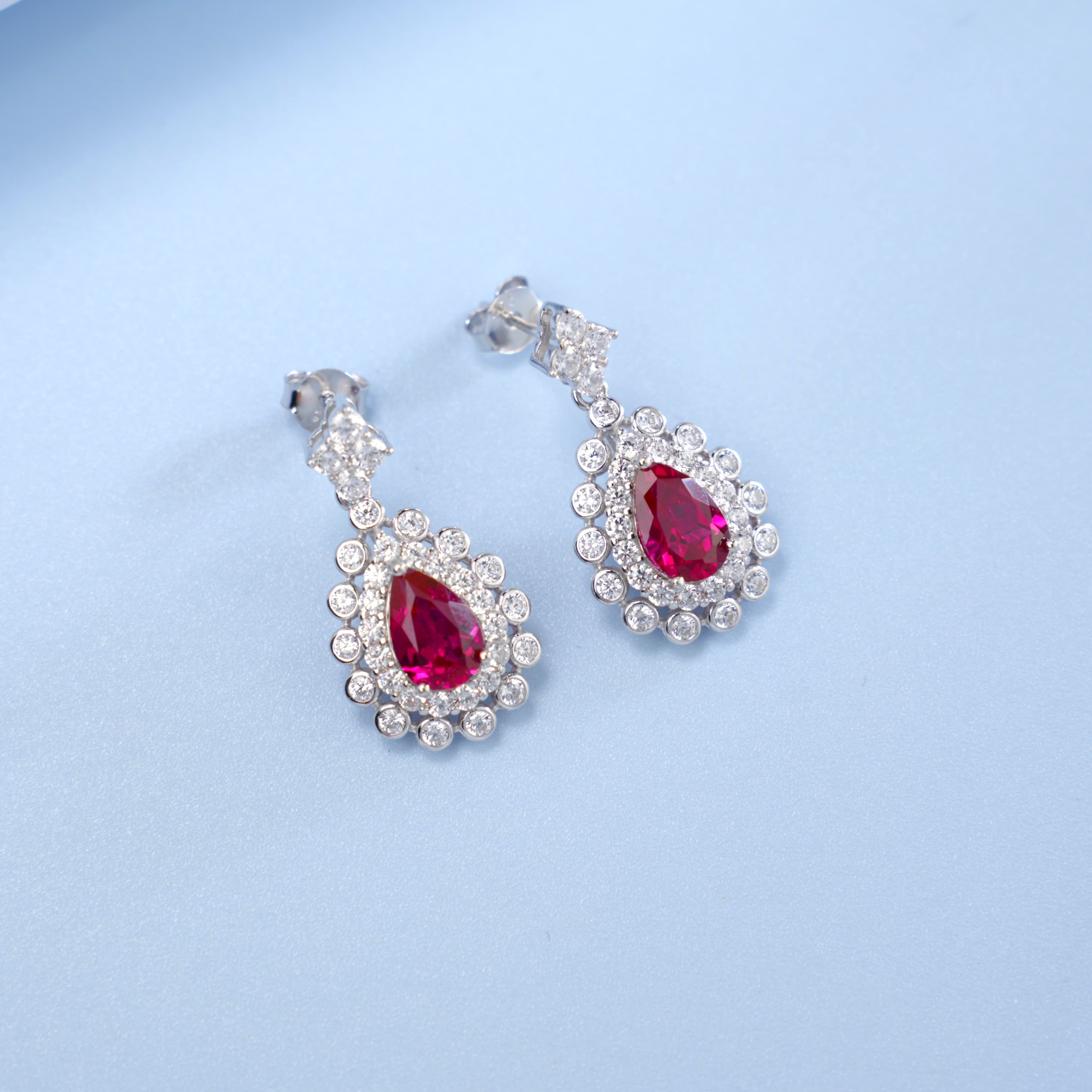 Lab-Grown Ruby - Teardrop Crimson Diamond-Cluster Dangle Earrings